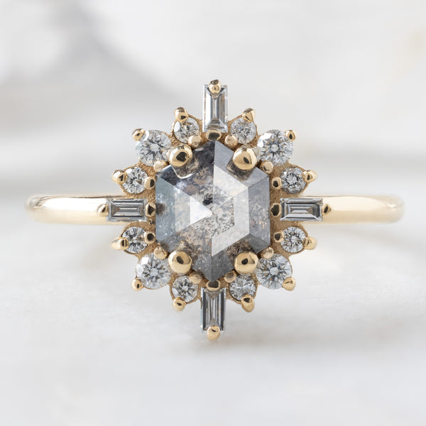 The Compass Ring with a 0.86ct Hexagon Salt and Pepper Diamond in 14K Yellow Gold on White Background
