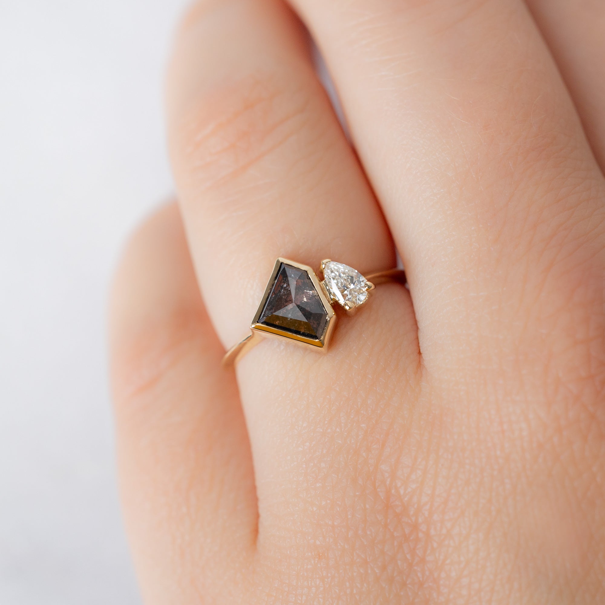 The You & Me Ring with a 1.18ct Shield Salt and Pepper Diamond in 14K Yellow Gold on Model