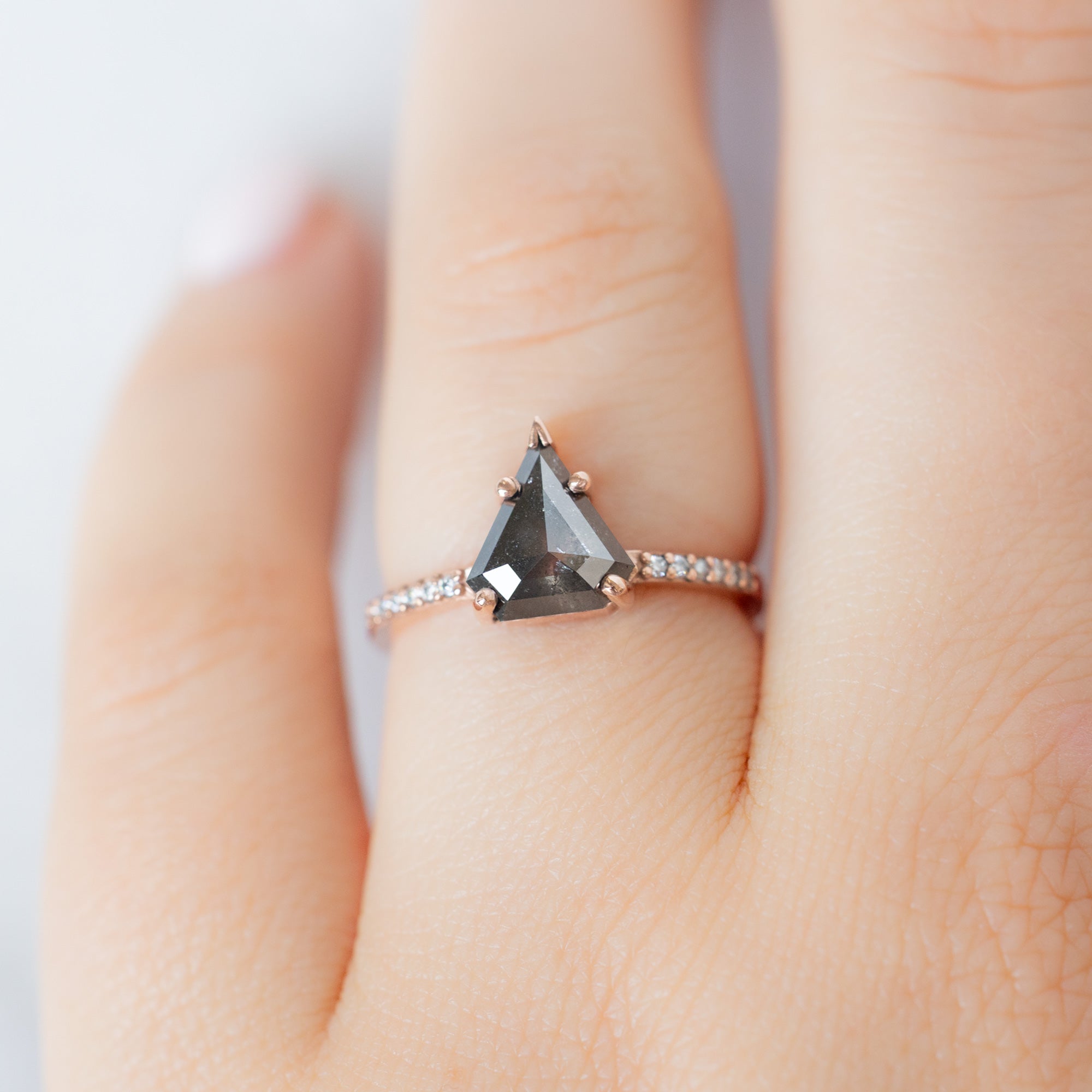 The Willow Ring with a 1.19ct Shield Black Diamond in 14K Rose Gold on Model