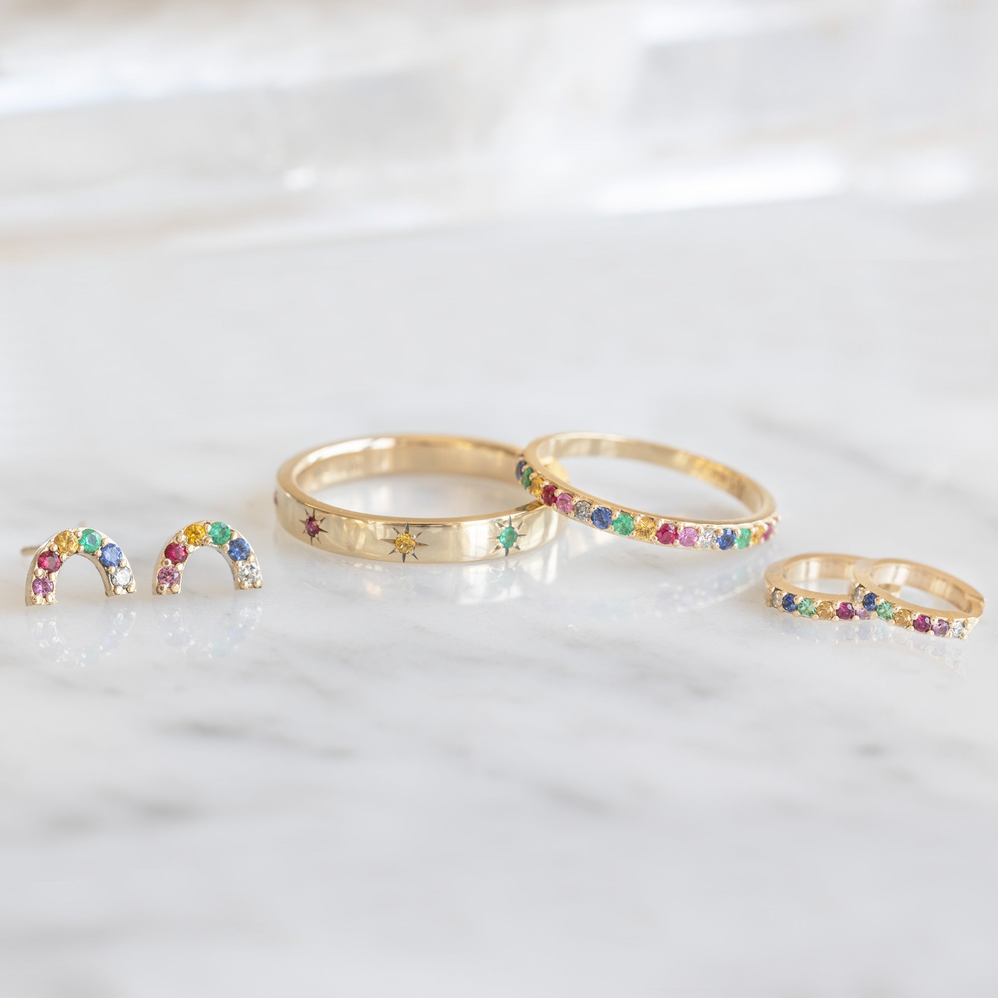Alexis Russell Earrings The Rainbow Sapphire Pavé Huggie Hoops | Yellow, Rose or White Gold