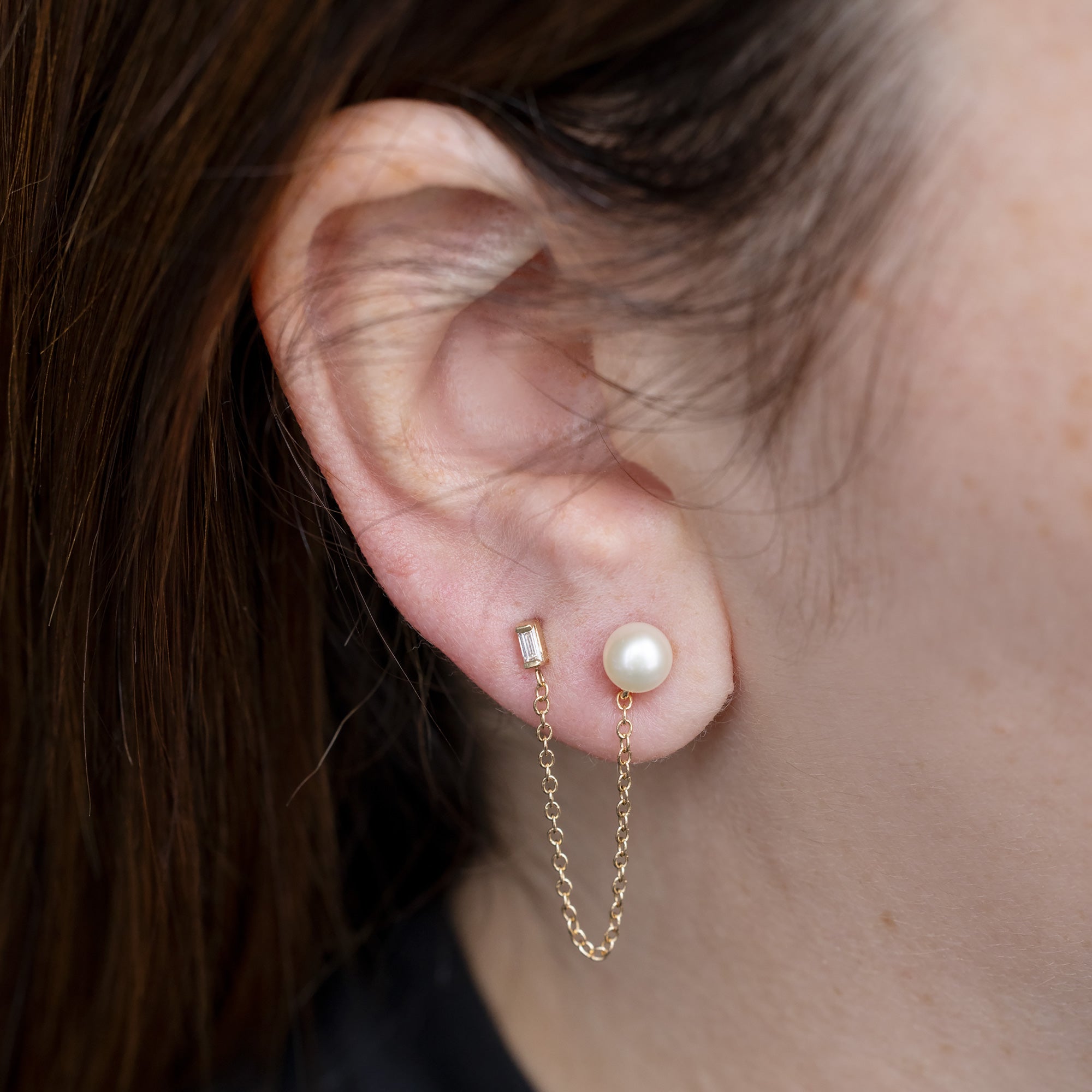 Alexis Russell  Earrings Pearl and Baguette Diamond Chain Earring | Yellow Gold or Sterling Silver