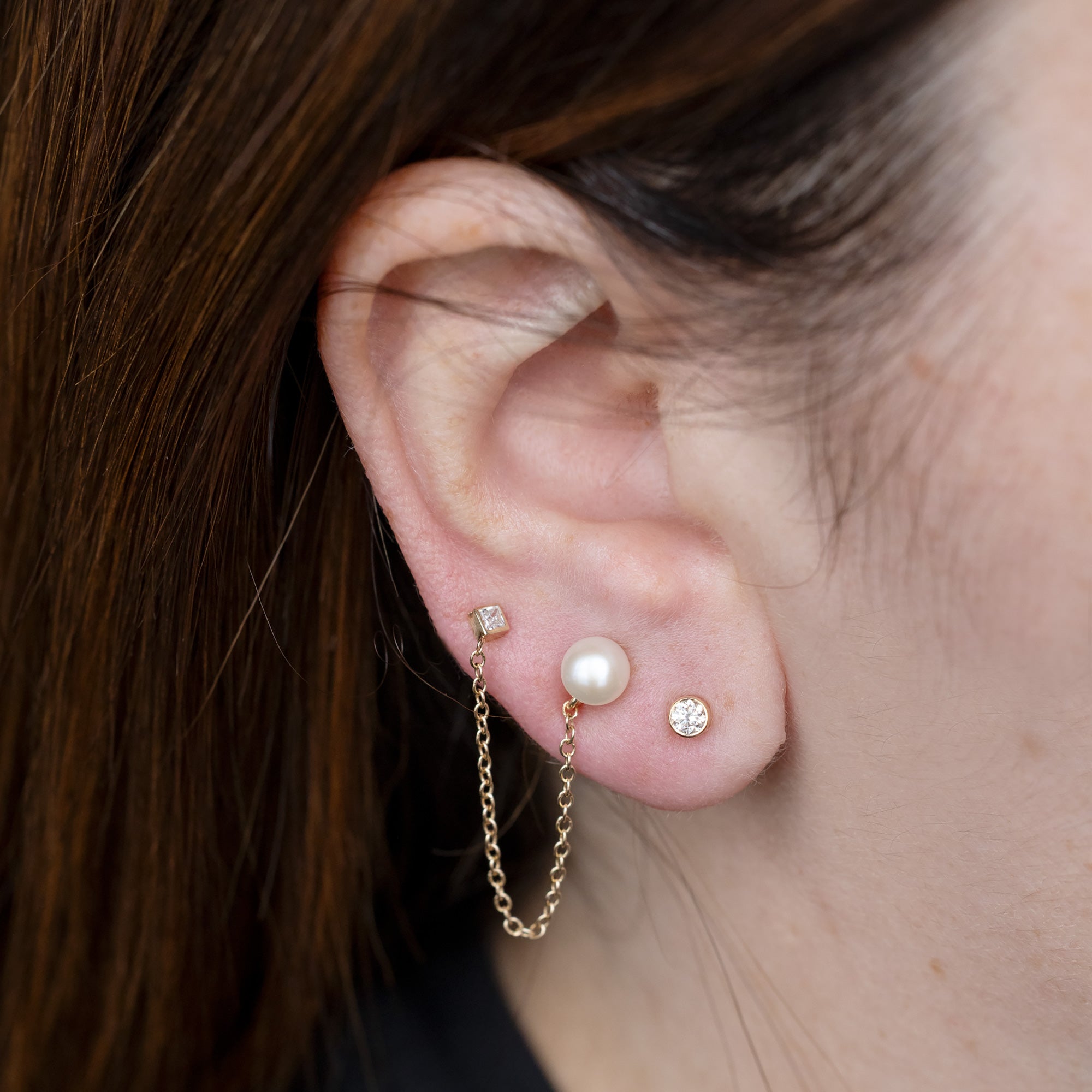 Alexis Russell  Earrings Pearl and Princess Diamond Chain Earring | Yellow Gold or Sterling Silver