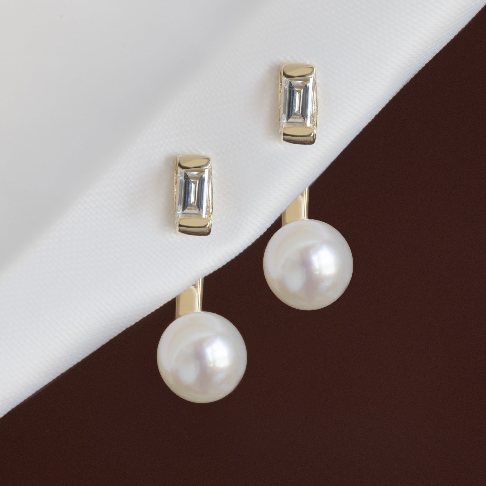 Alexis Russell  Earrings Pearl and Baguette Diamond Ear Jackets | Yellow Gold or Sterling Silver