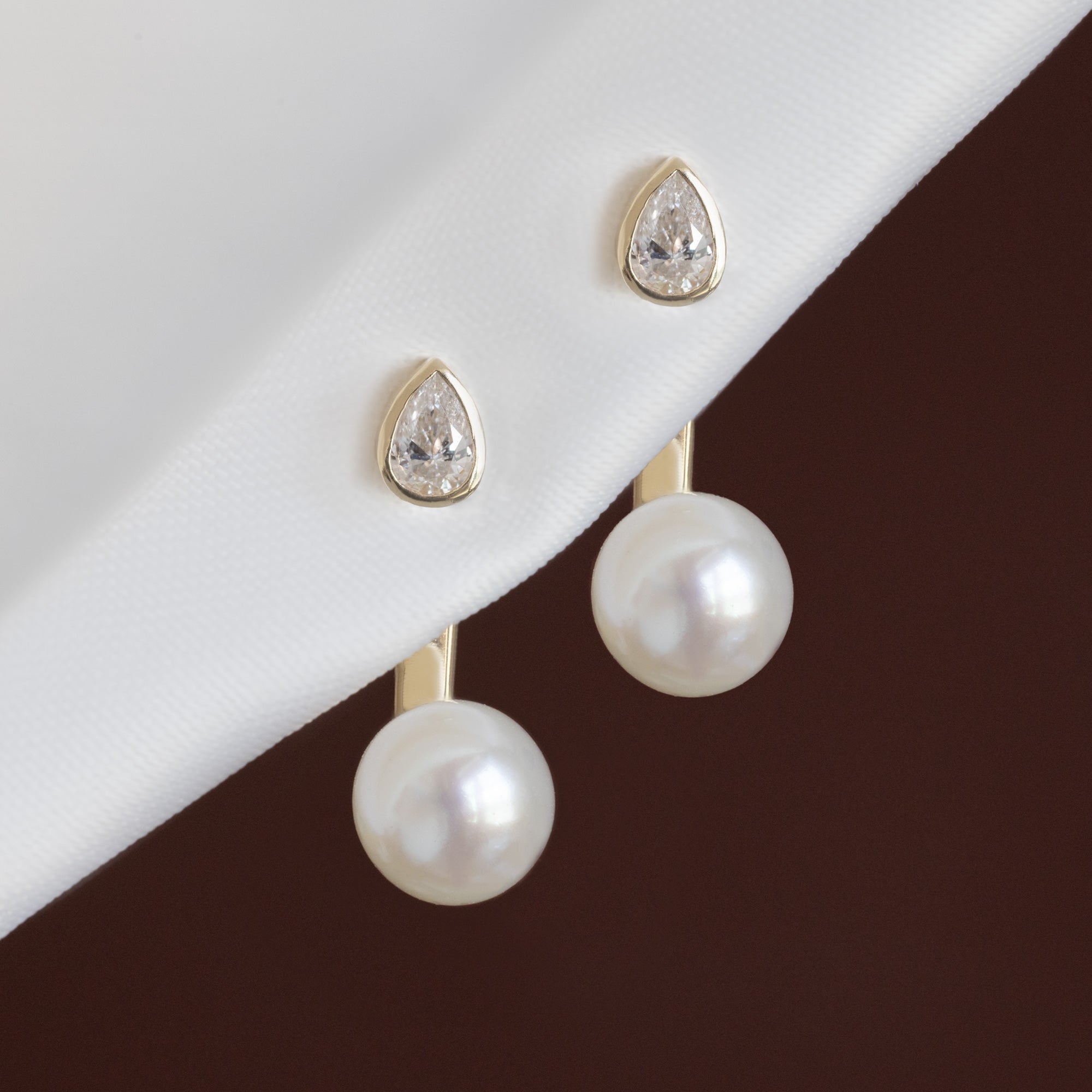 Alexis Russell  Earrings Pearl and Pear Diamond Ear Jackets | Yellow Gold or Sterling Silver