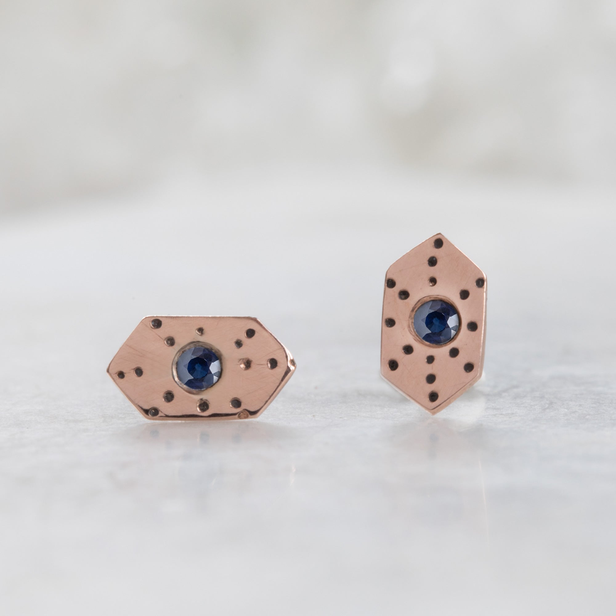 Alexis Russell Earrings The Hexagon Blue Sapphire Stardust Stud Earrings | Rose Gold