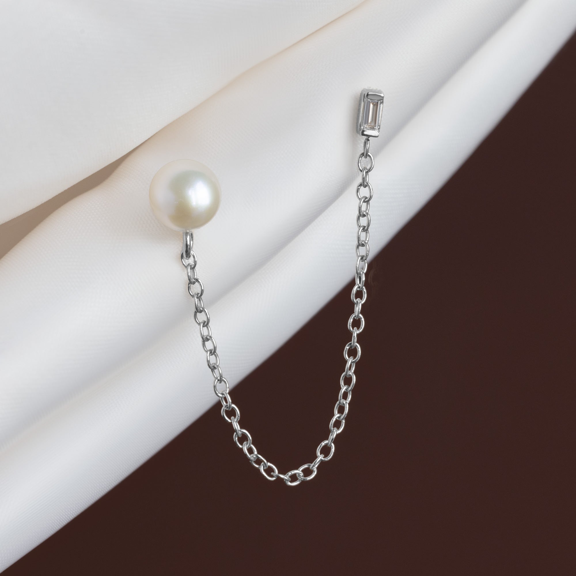 Alexis Russell  Earrings Pearl and Baguette Diamond Chain Earring | Yellow Gold or Sterling Silver
