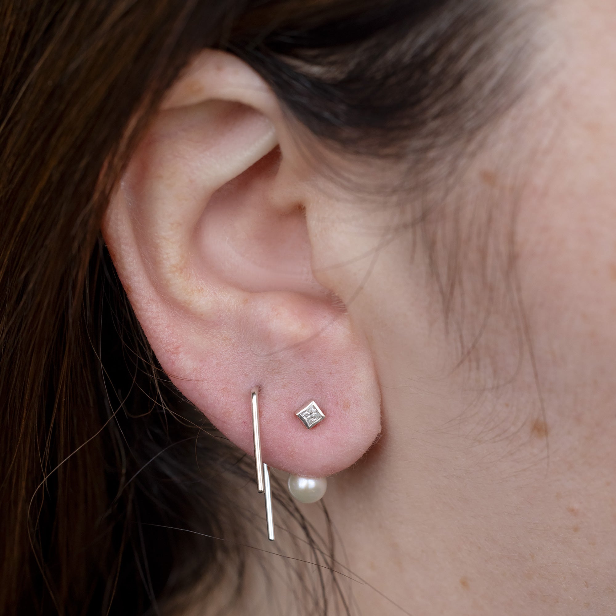 Alexis Russell  Earrings Pearl and Princess Diamond Ear Jackets | Yellow Gold or Sterling Silver