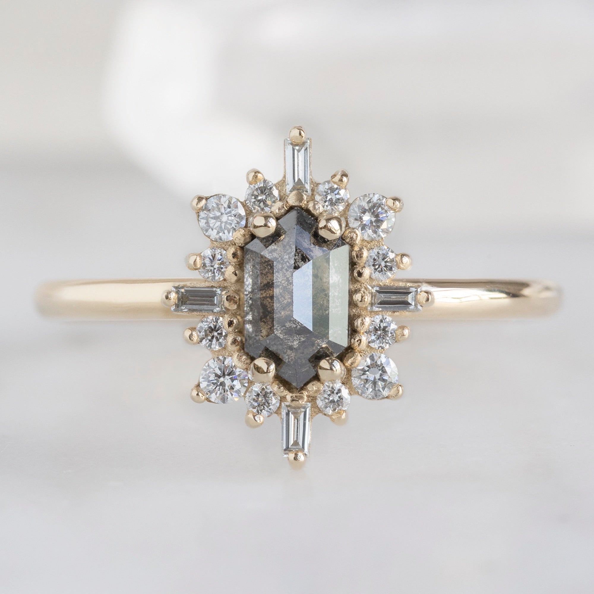 Alexis Russell Engagement Rings The Compass Ring | 0.62ct Hexagon Salt and Pepper Diamond in 14K Yellow Gold