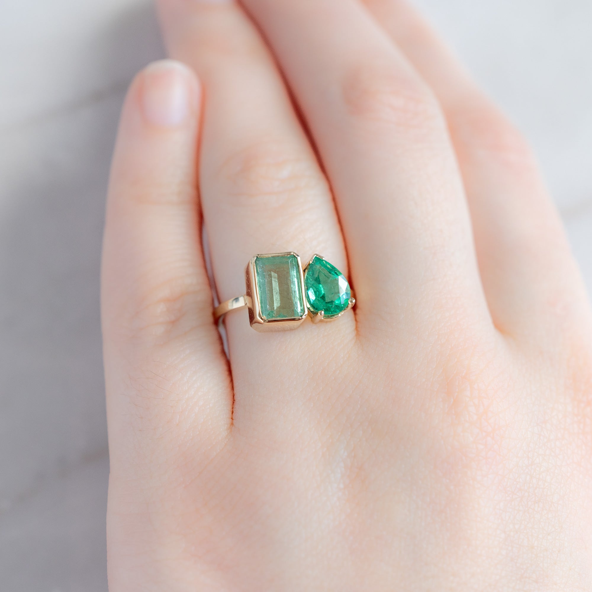 Alexis Russell Engagement Rings The Watercolor You and Me Ring | 1.93ct Emerald Cut Emerald in 14K Yellow Gold