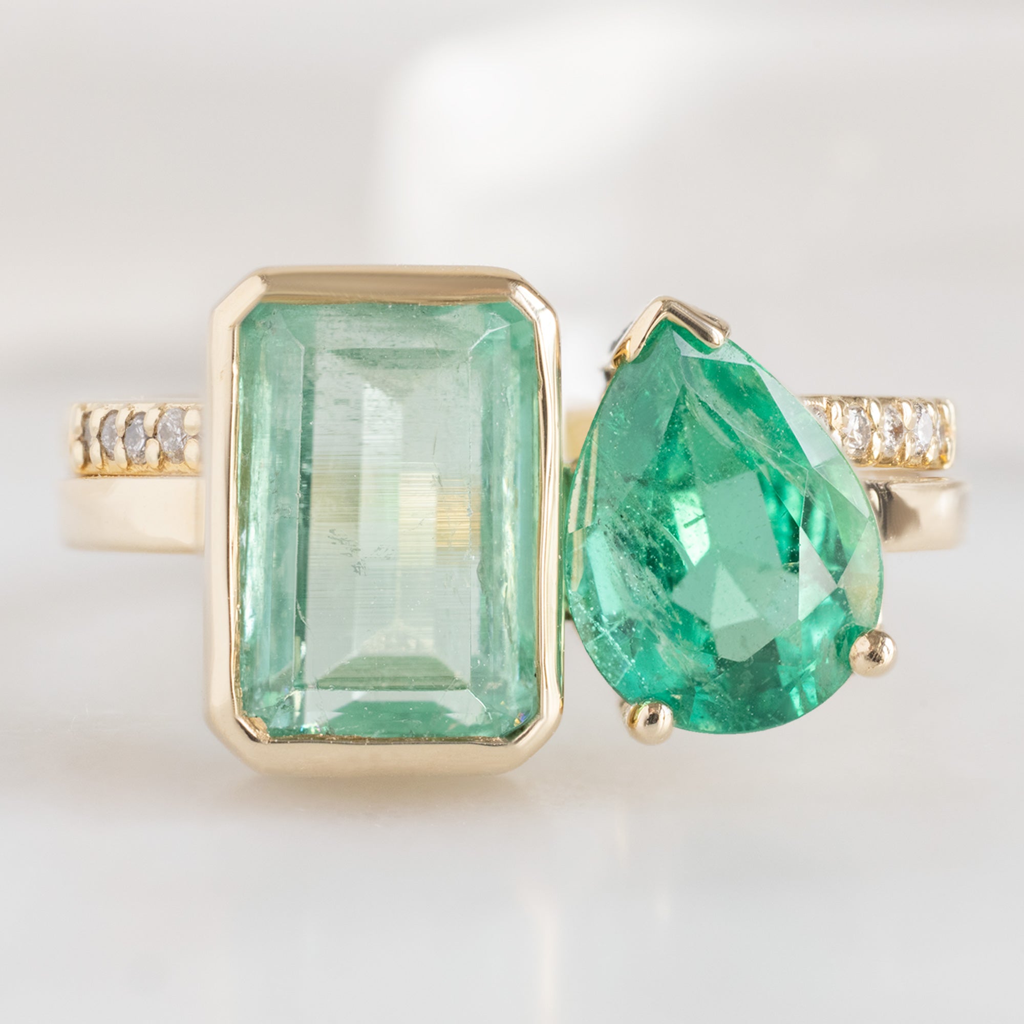 Alexis Russell Engagement Rings The Watercolor You and Me Ring | 1.93ct Emerald Cut Emerald in 14K Yellow Gold