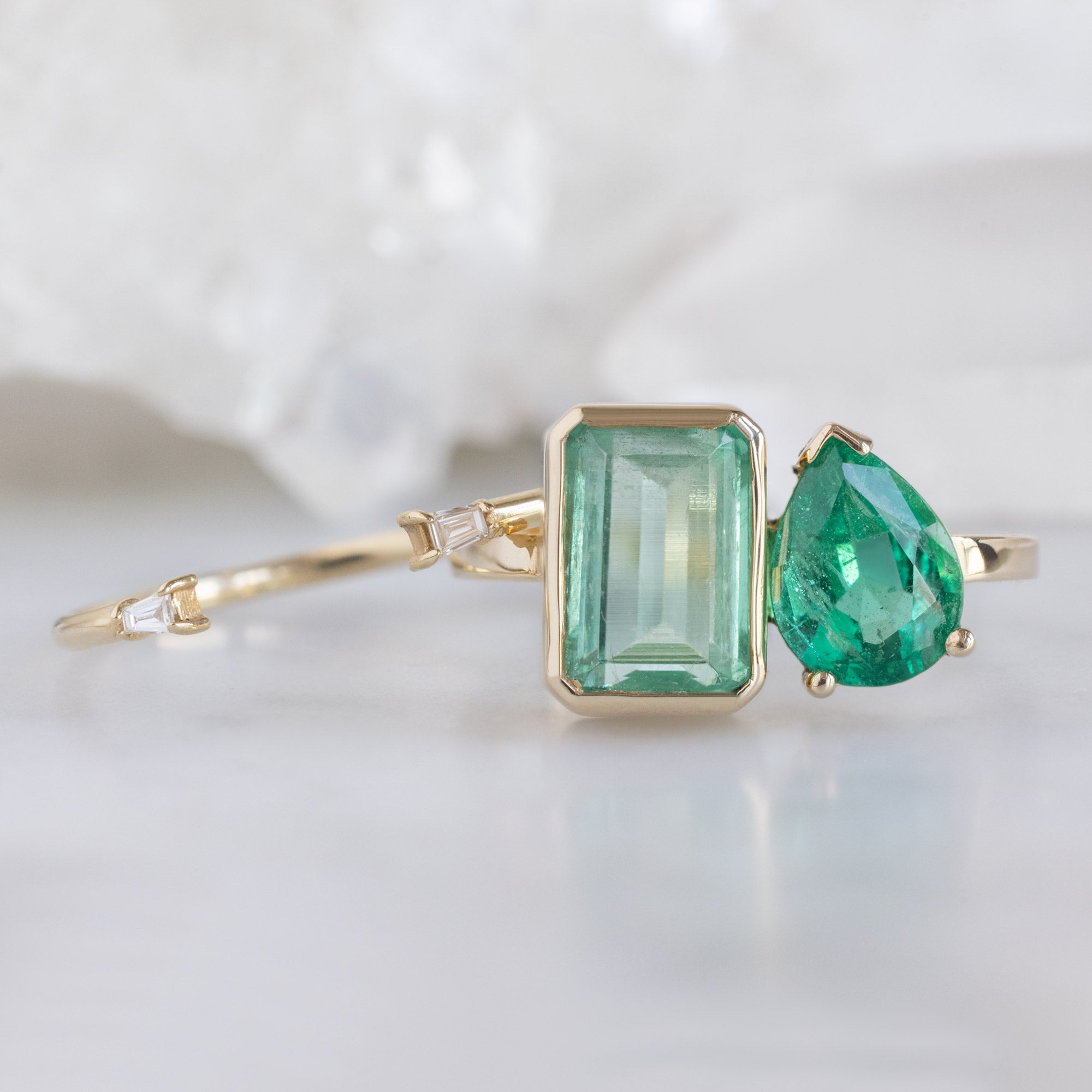 Alexis Russell Engagement Rings The Watercolor You and Me Ring | 1.93ct Emerald Cut Emerald in 14K Yellow Gold