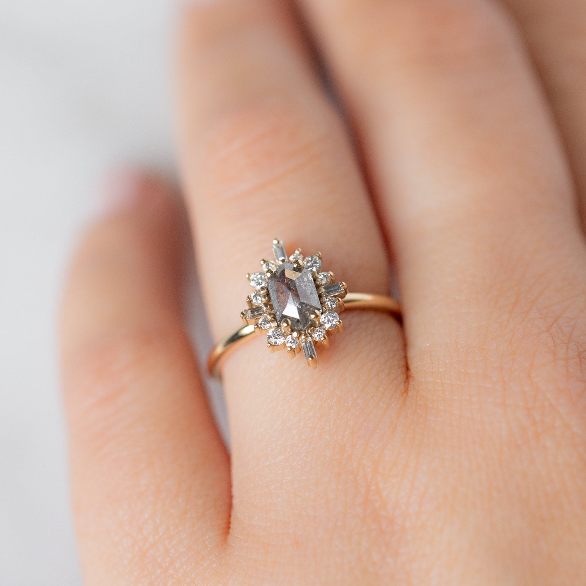Alexis Russell Engagement Rings The Compass Ring | 0.81ct Hexagonal Salt and Pepper Diamond 14K Yellow Gold