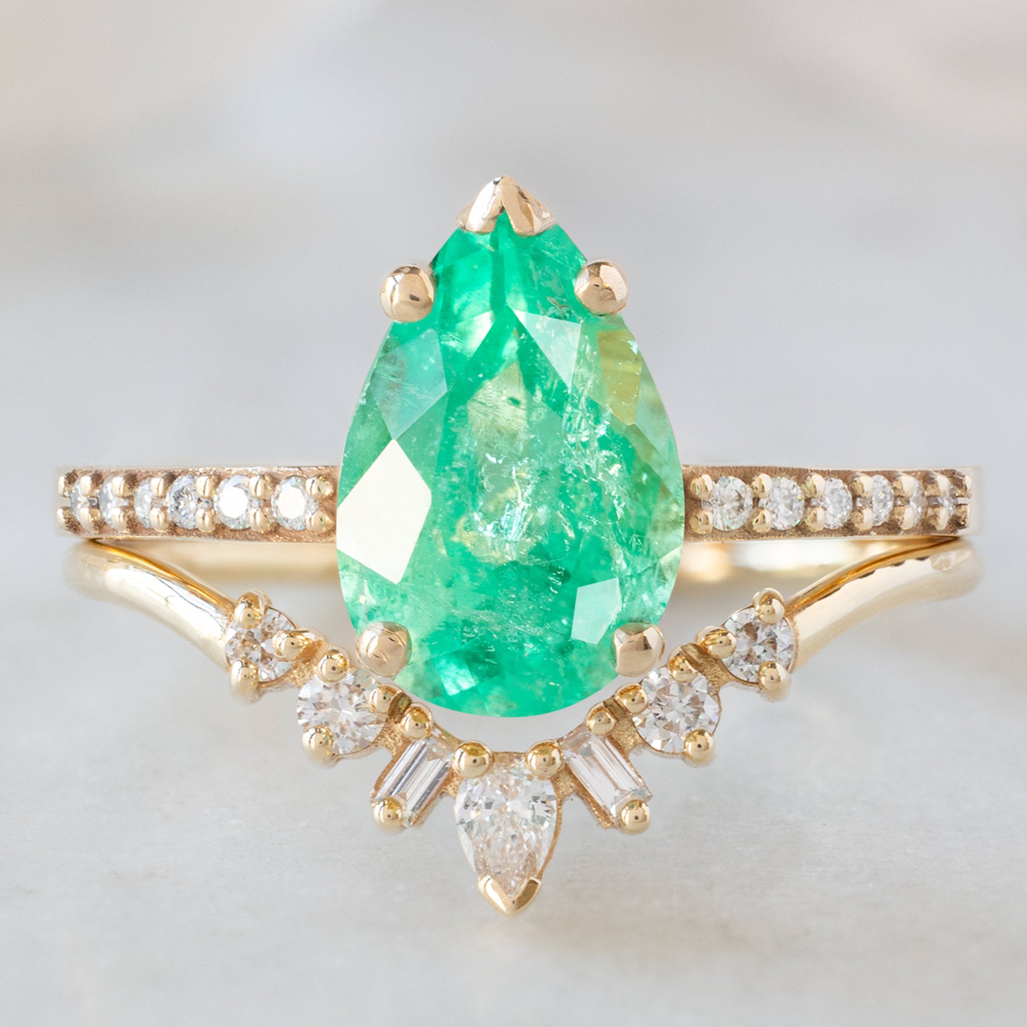 buy:the-willow-ring-1-47ct-pear-emerald-in-14k-yellow-gold,one-of-a-kind-geometric-white-diamond-sunburst-stacking-band-14k-or-18k-yellow-gold