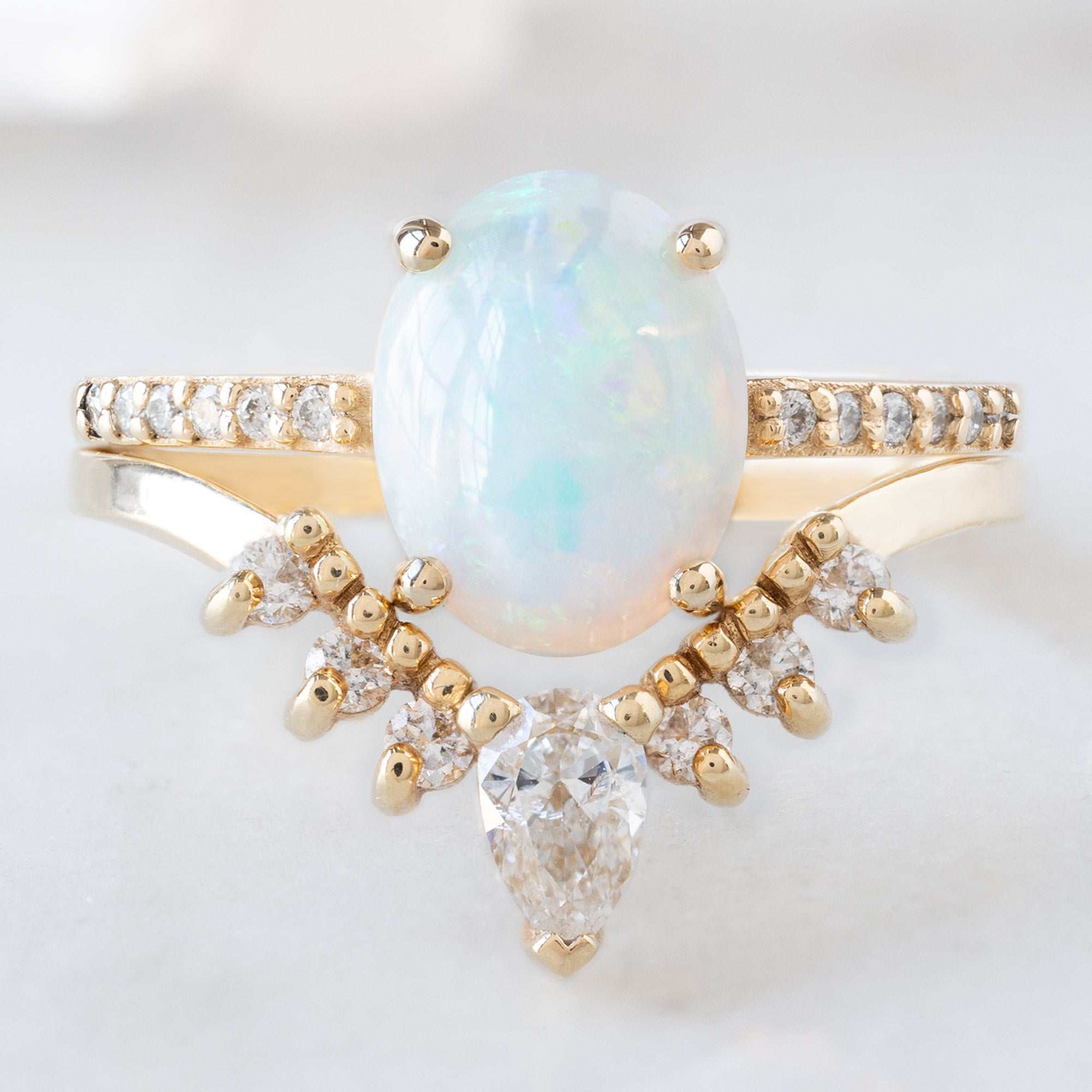 buy:the-willow-ring-1-11ct-oval-opal-in-14k-yellow-gold,one-of-a-kind-pear-white-diamond-sunburst-stacking-band-14k-gold