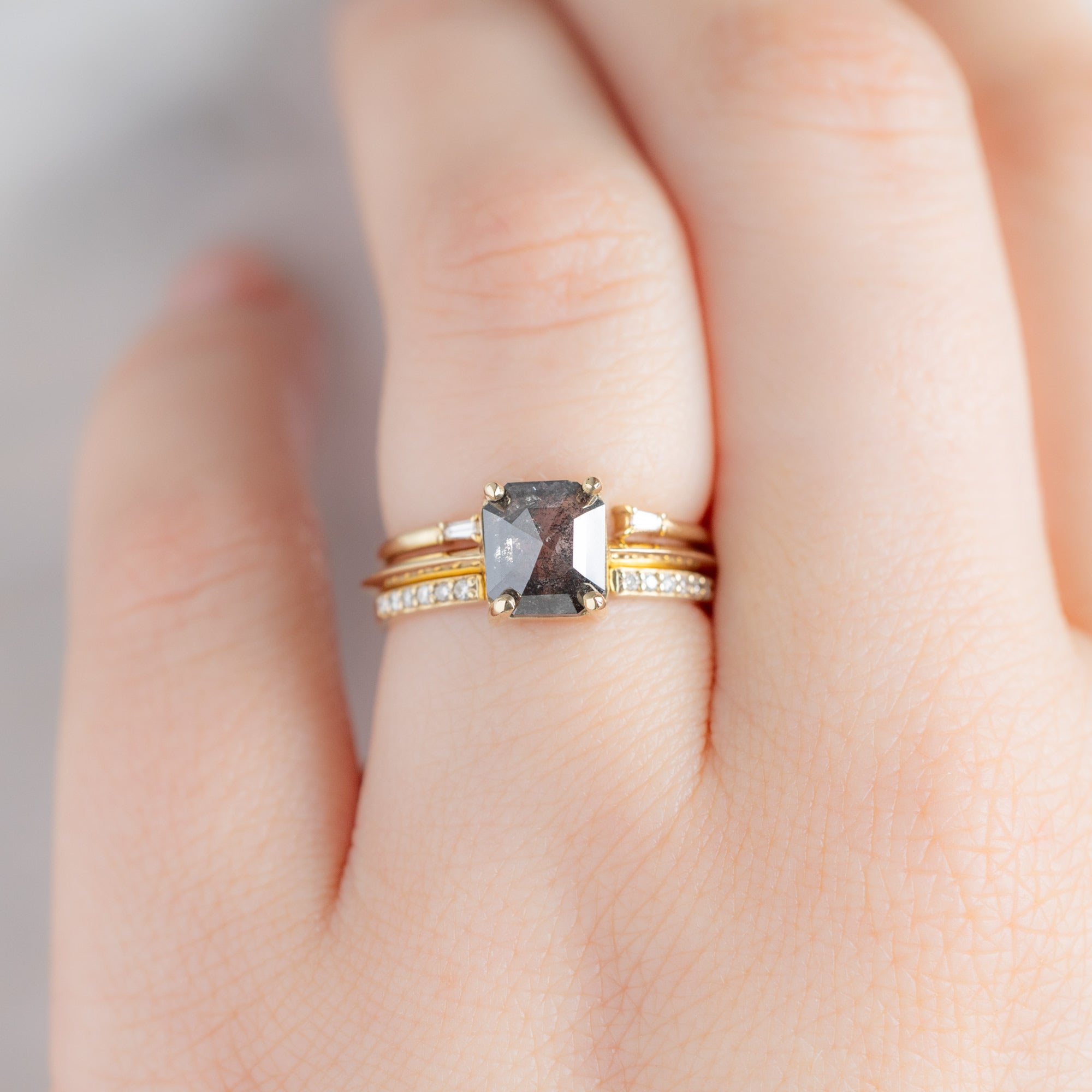 Alexis Russell Engagement Rings The Bryn Ring | 1.46ct Emerald Cut Salt and Pepper Diamond in 14K Yellow Gold