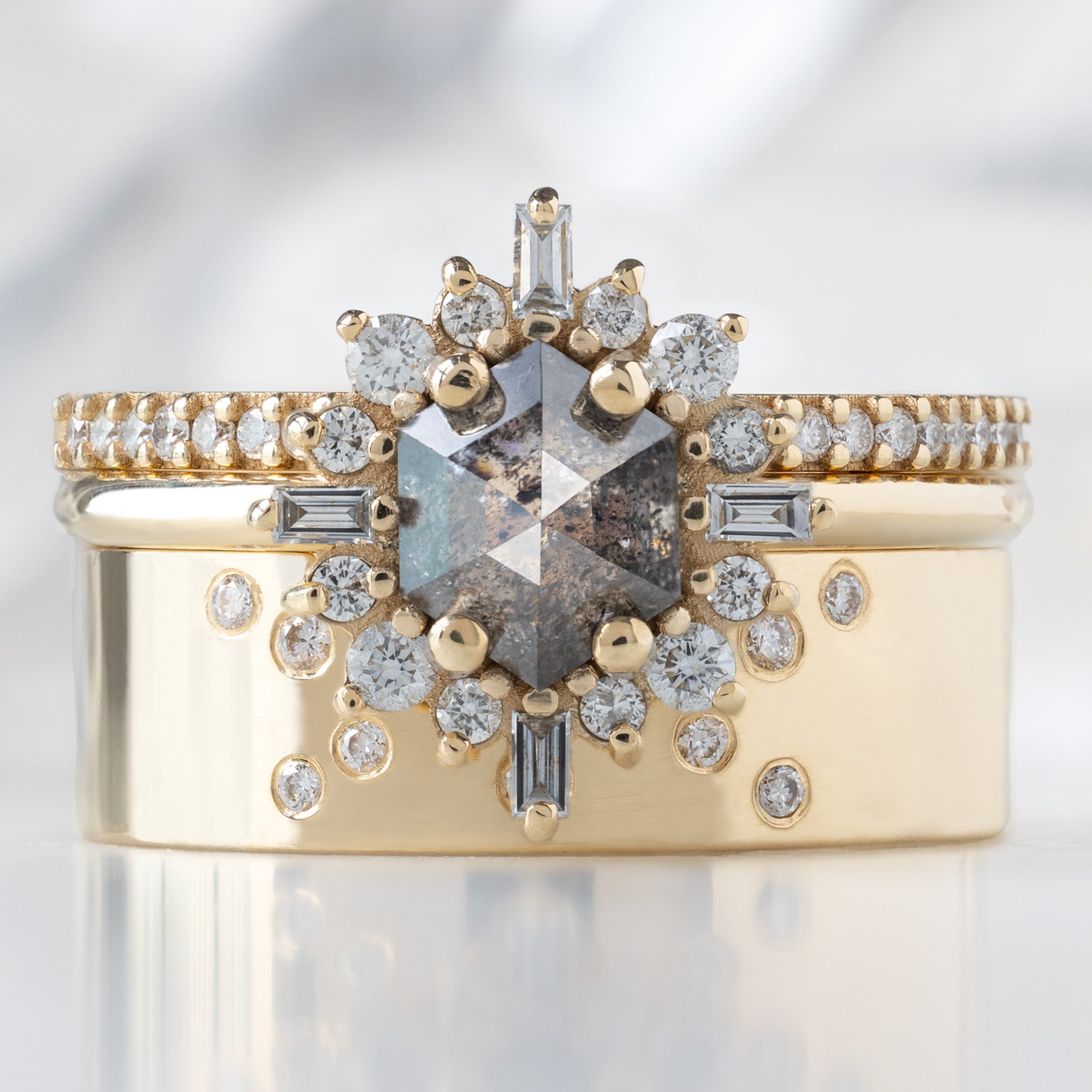 buy:the-white-diamond-pave-wedding-band-14k-or-18k-yellow-gold,the-compass-ring-0-86ct-hexagon-salt-and-pepper-diamond-in-14k-yellow-gold,constellation-cut-out-stacking-band-arc-cut-out-in-14k-yellow-gold