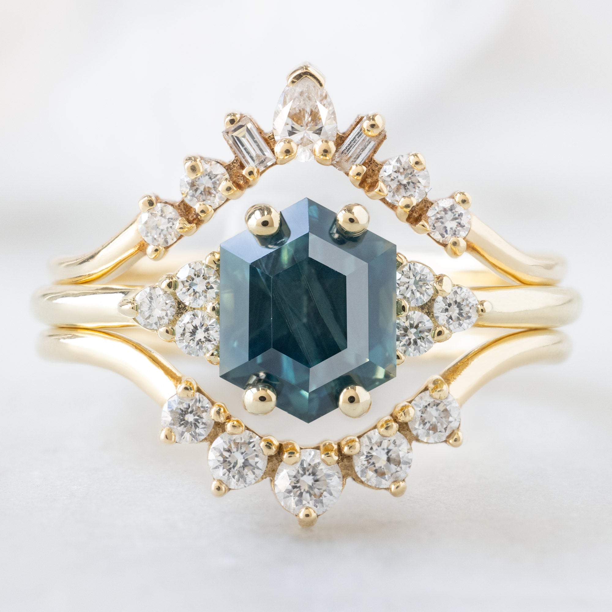 buy:geometric-white-diamond-sunburst-stacking-band-14k-or-18k-yellow-gold,the-ivy-ring-1-48ct-hexagon-montana-sapphire-in-14k-yellow-gold,round-white-diamond-sunburst-stacking-band-14k-or-18k-yellow-gold