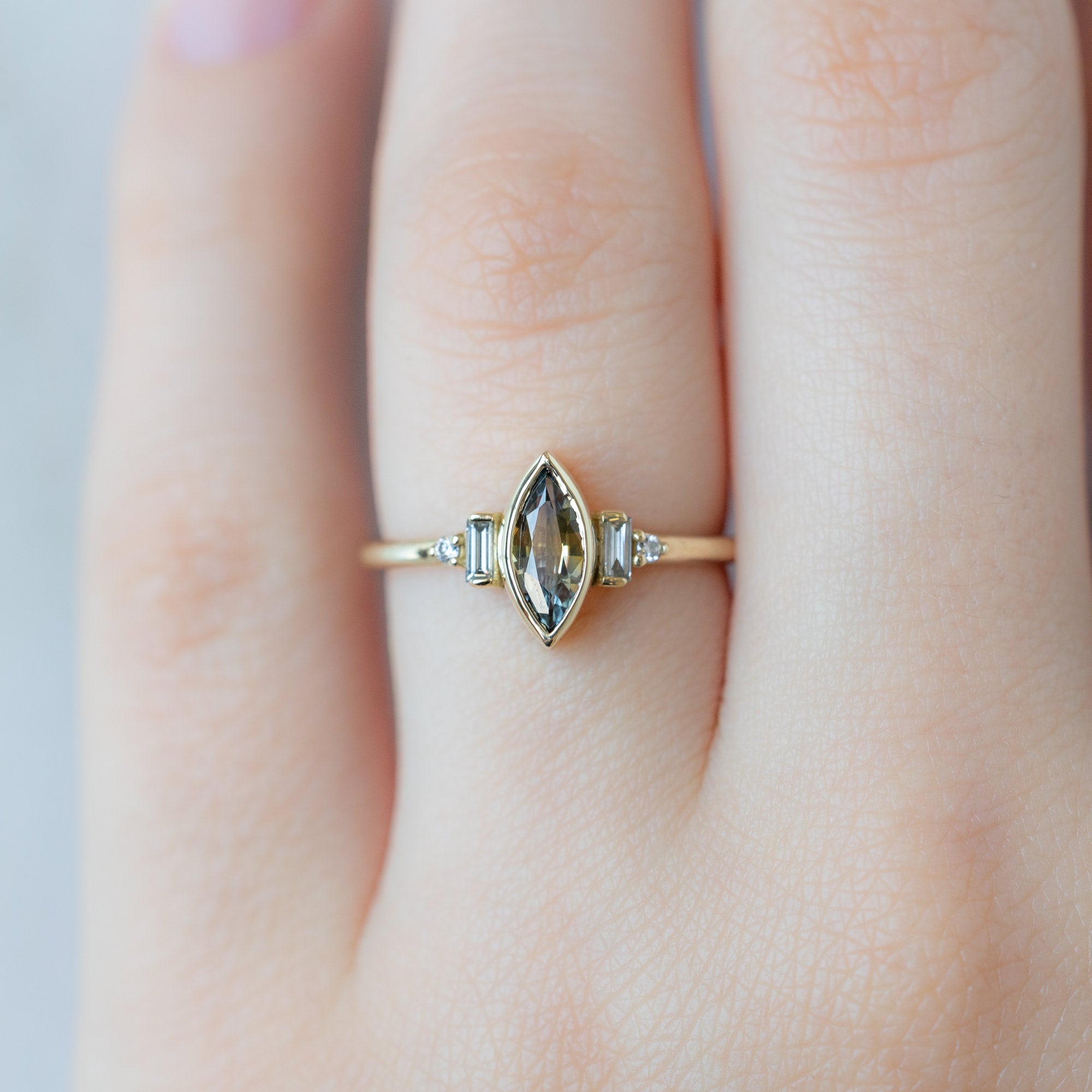 Alexis Russell  Engagement Rings The Watercolor Primrose Ring | .80ct Marquise Parti Sapphire in 14K Yellow Gold