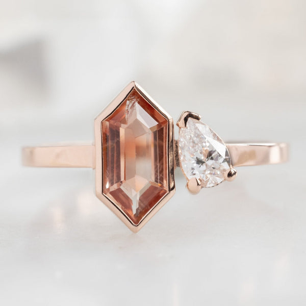 Alexis Russell Engagement Rings The You and Me Ring | 0.60ct Hexagon Oregon Sunstone in 14K Rose Gold