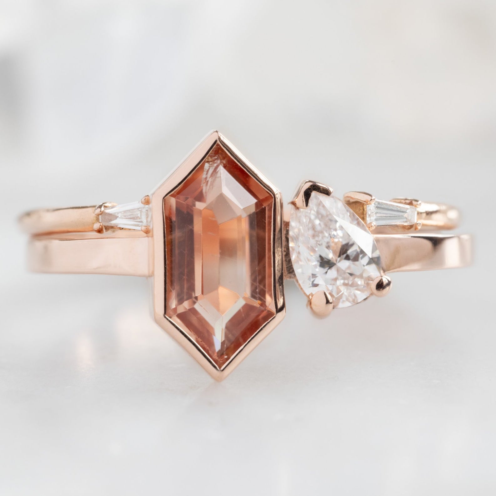 Alexis Russell Engagement Rings The You and Me Ring | 0.60ct Hexagon Oregon Sunstone in 14K Rose Gold