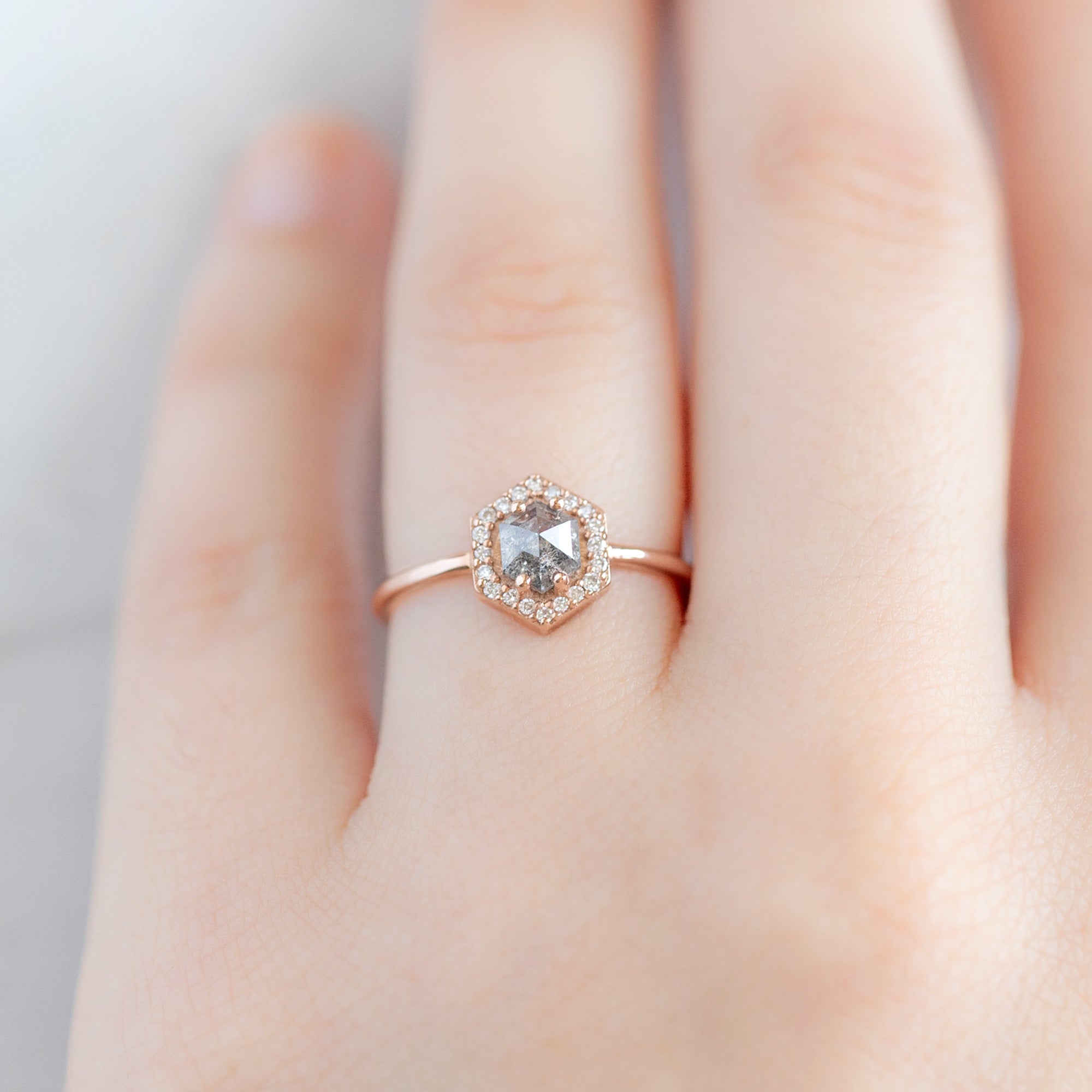 Alexis Russell Engagement Rings The Dahlia Ring | .60ct Hexagon Salt and Pepper Diamond in 14K Rose Gold
