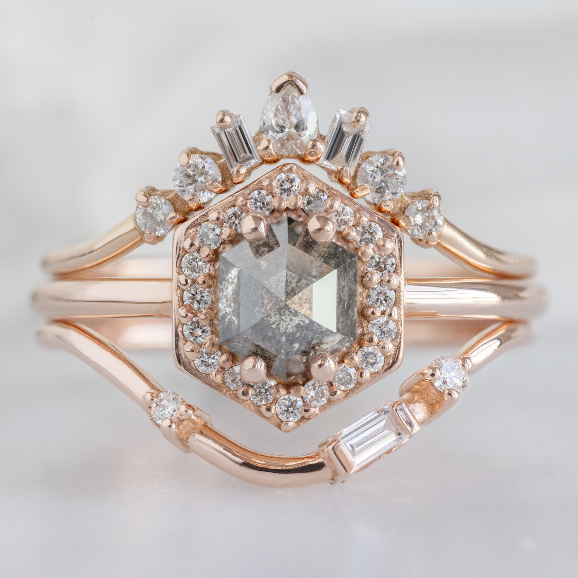 Alexis Russell Engagement Rings The Dahlia Ring | .60ct Hexagon Salt and Pepper Diamond in 14K Rose Gold