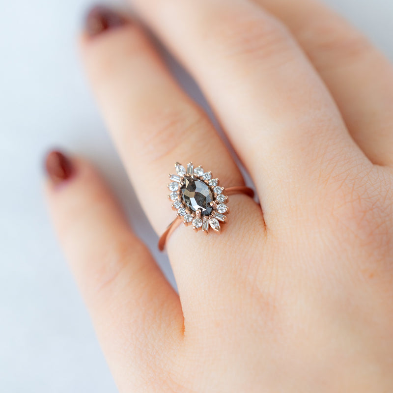 The Camellia Ring with a 0.94ct Marquise Cut Black Diamond in 14K Rose Gold on Model