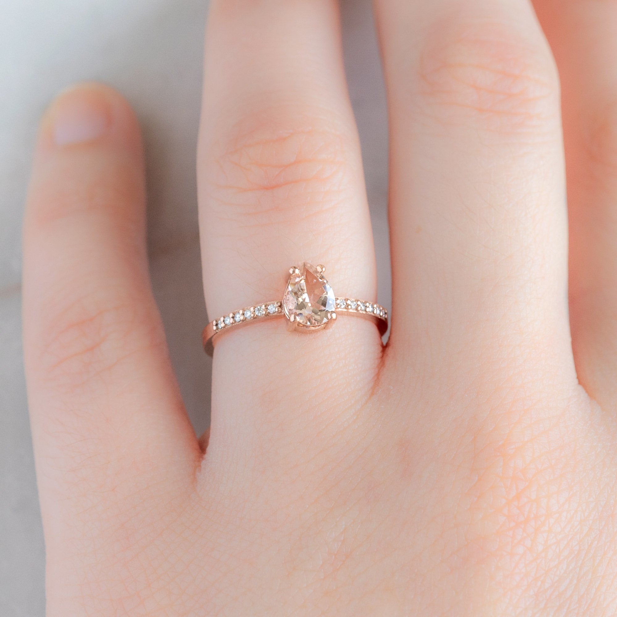 Alexis Russell Engagement Rings The Willow Ring | 0.58ct Pear Cut Morganite in 14K Rose Gold