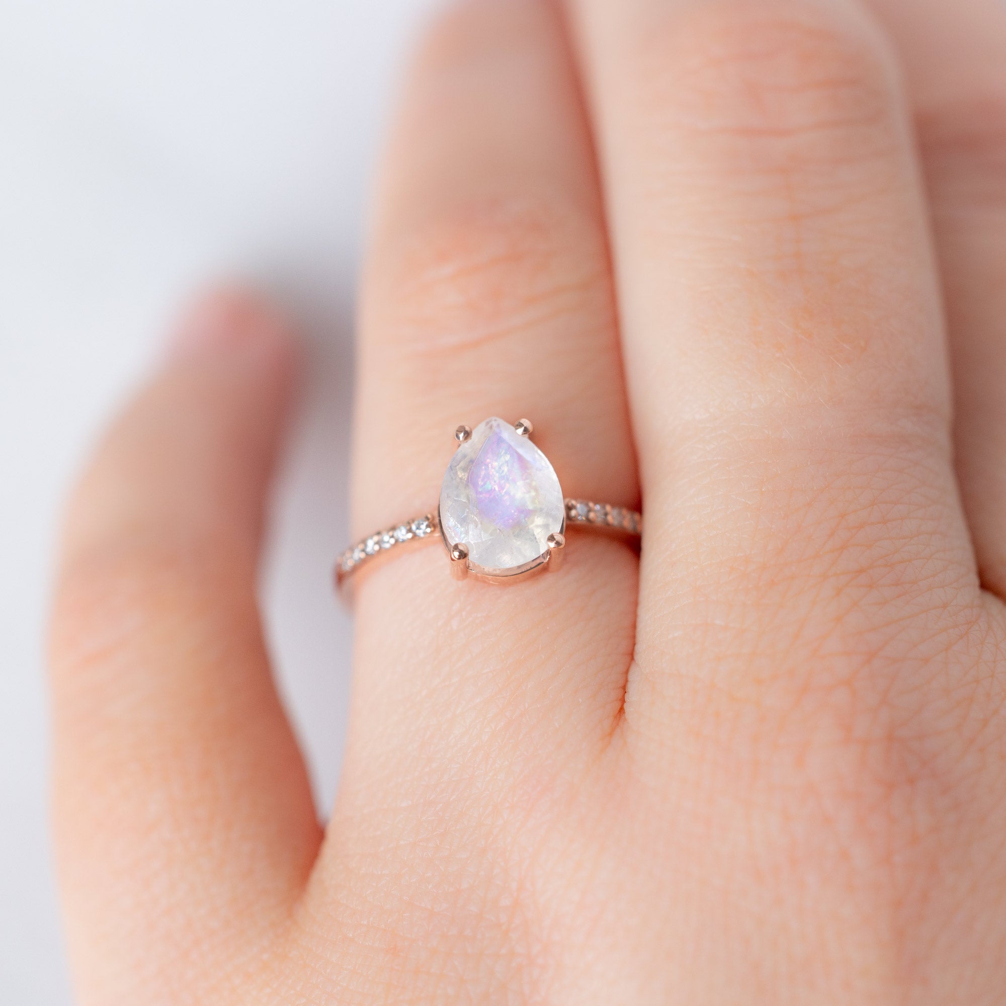 The Willow Ring with a 1.38ct Pear Moonstone in 14K Rose Gold on Model