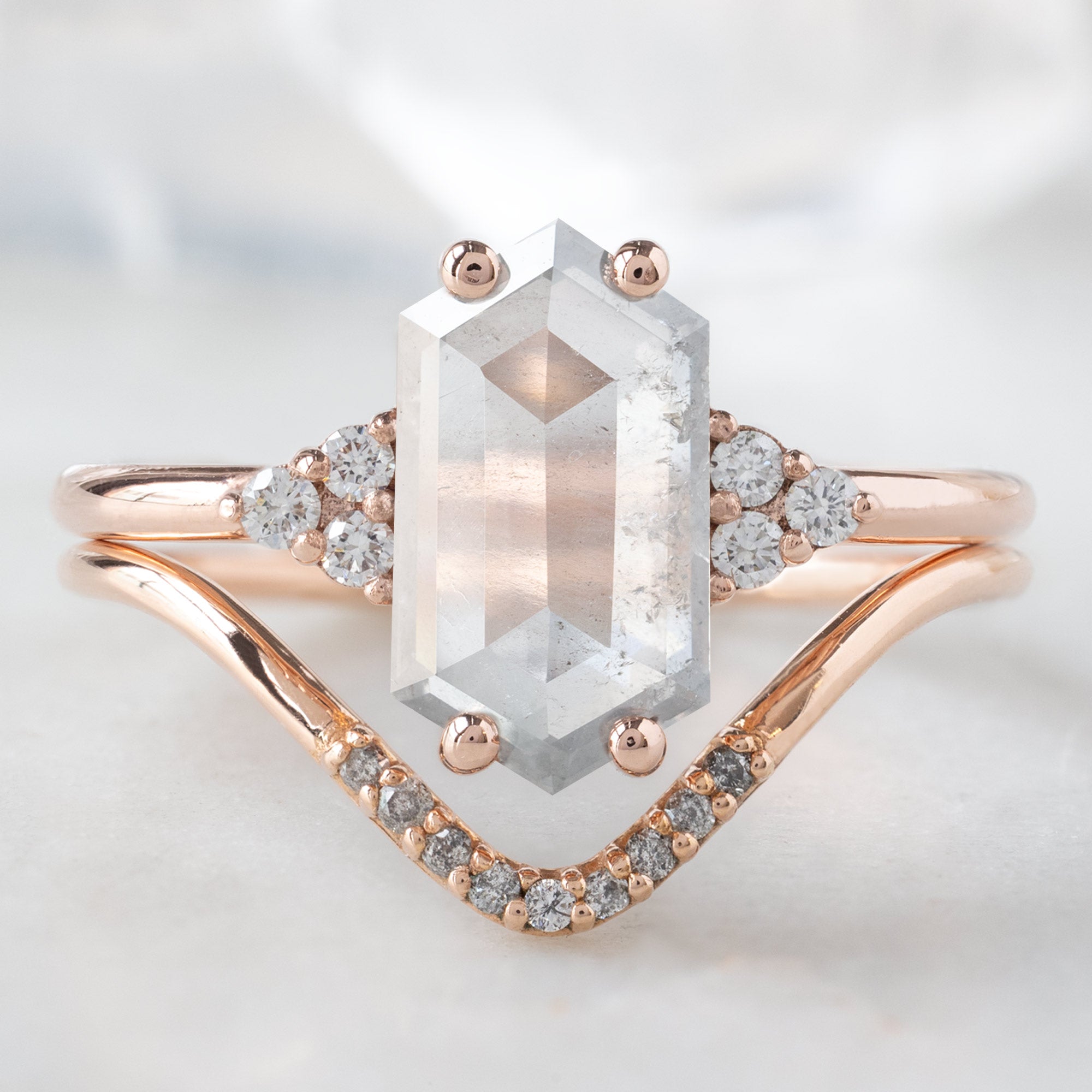 buy:the-ivy-ring-1-55ct-hexagon-icy-white-diamond-in-14k-rose-gold,one-of-a-kind-salt-and-pepper-diamond-pave-peak-stacking-band-14k-or-18k-rose-gold