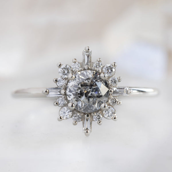 Alexis Russell Engagement Rings The Compass Ring | 0.96ct Round Salt and Pepper Diamond in 14K White Gold