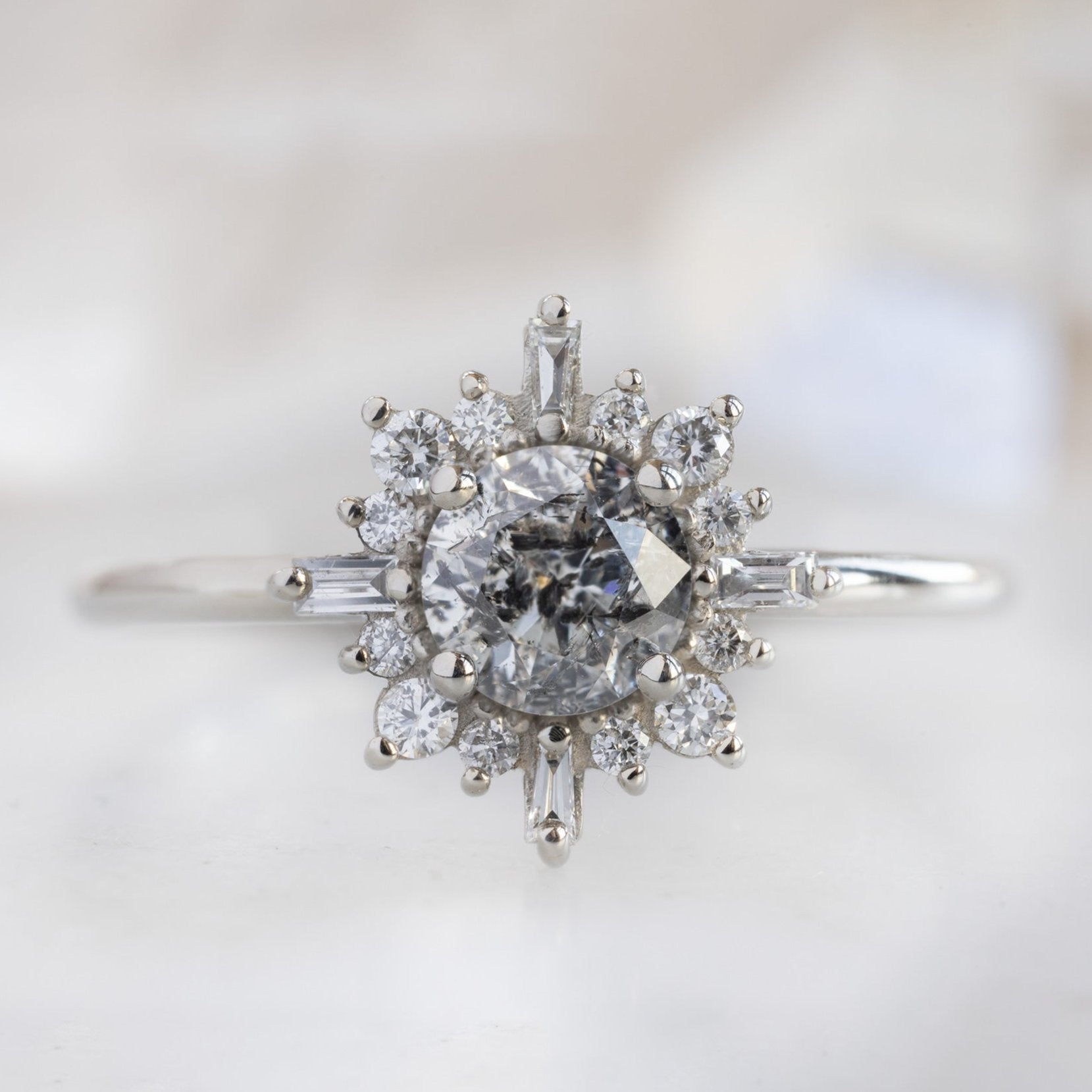 Alexis Russell Engagement Rings The Compass Ring | 0.96ct Round Salt and Pepper Diamond in 14K White Gold