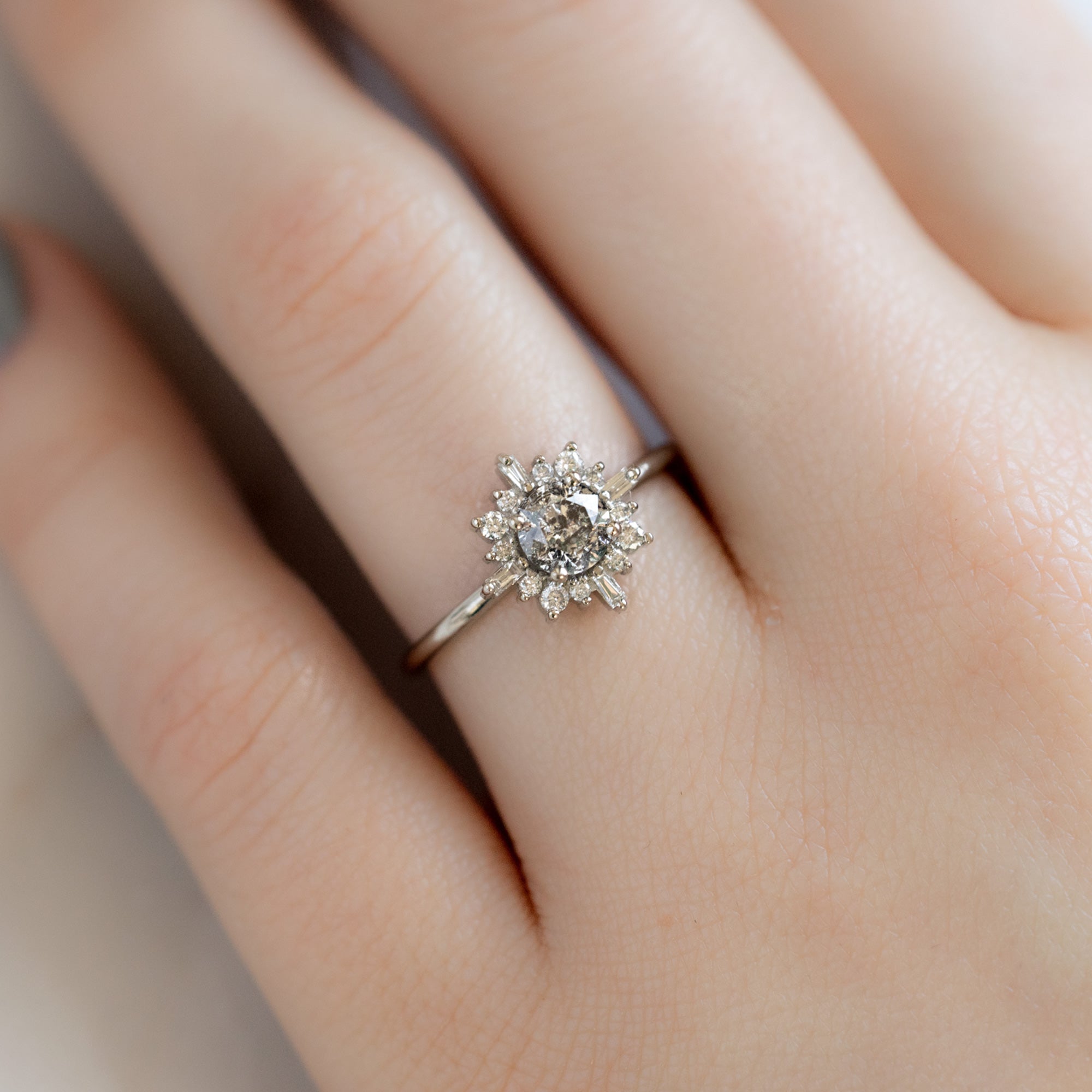 Alexis Russell Engagement Rings The Compass Ring | 0.96ct Round Salt and Pepper Diamond in 14K White Gold
