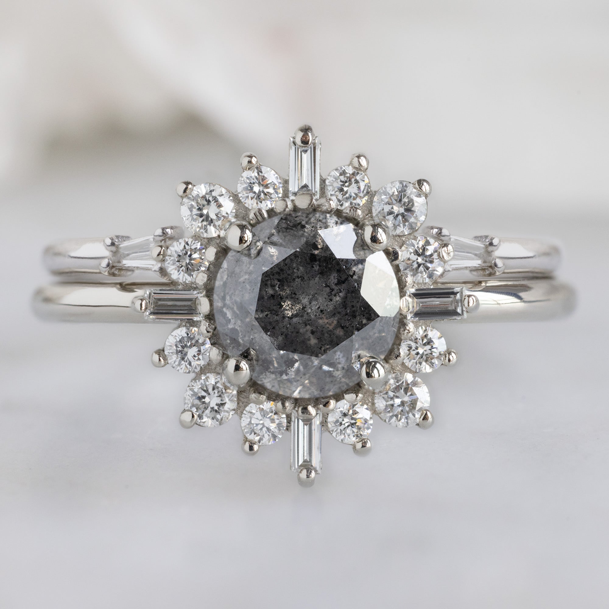Alexis Russell Engagement Rings The Compass Ring | 0.96ct Round Salt and Pepper Diamond in 14K White Gold