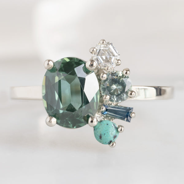 Alexis Russell Engagement Rings The Watercolor Cluster Ring | 1.53ct Oval Green Sapphire in 14K White Gold