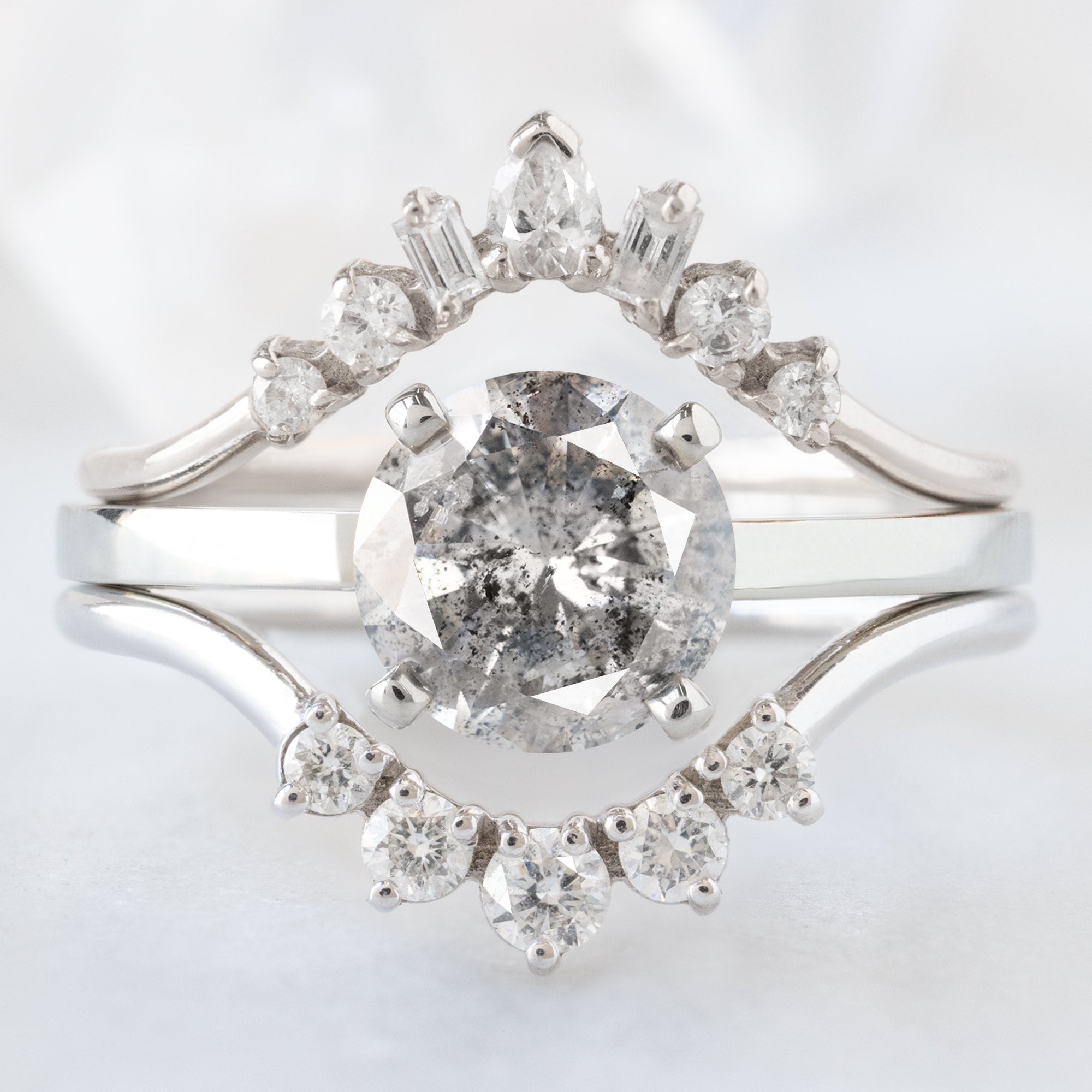 buy:geometric-white-diamond-sunburst-stacking-band-14k-or-18k-yellow-gold,the-bryn-ring-1-03ct-round-salt-and-pepper-diamond-in-14k-white-gold,round-white-diamond-sunburst-stacking-band-14k-or-18k-yellow-gold