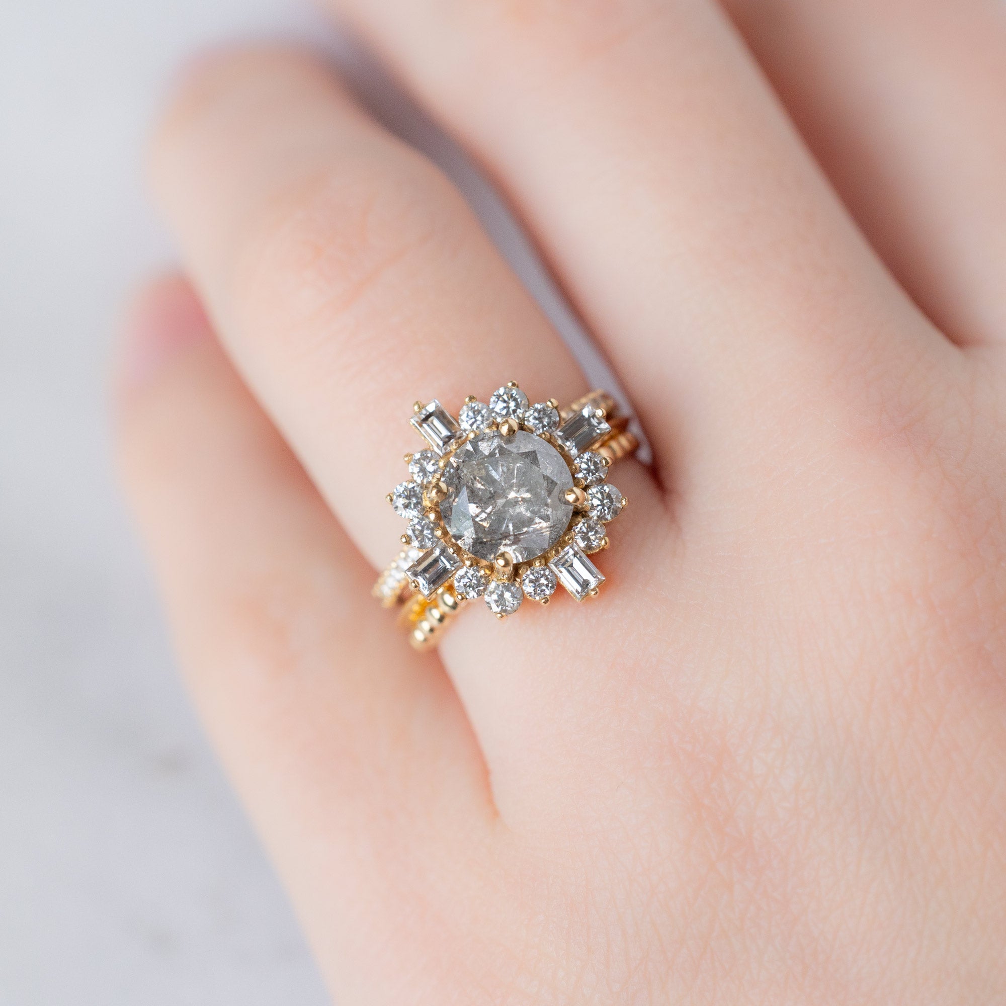 Alexis Russell Engagement Rings The Compass Luxe | 2.03ct Round Salt and Pepper Diamond in 18K Yellow Gold