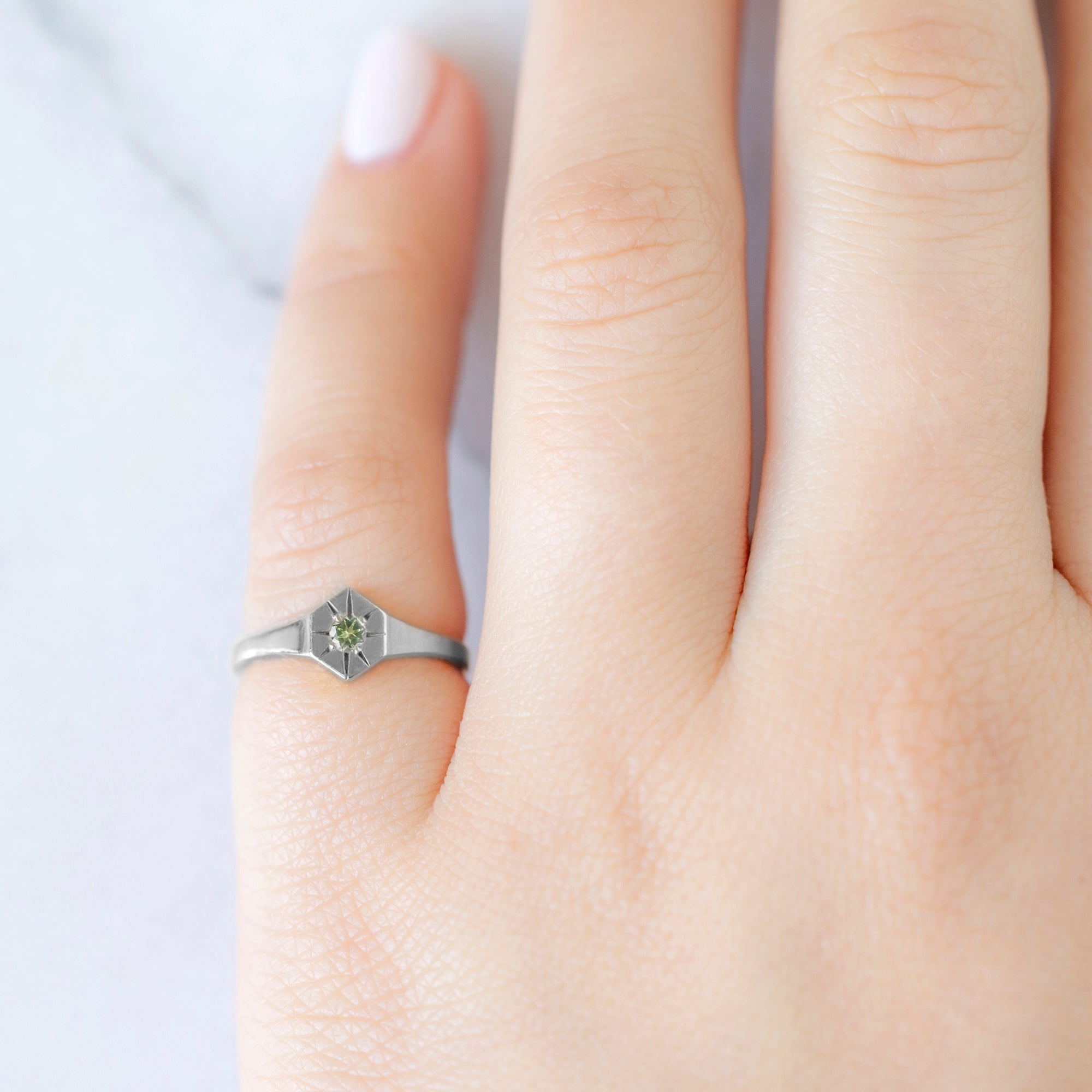 Alexis Russell Rings Custom Peridot Birthstone Signet Ring | White Gold