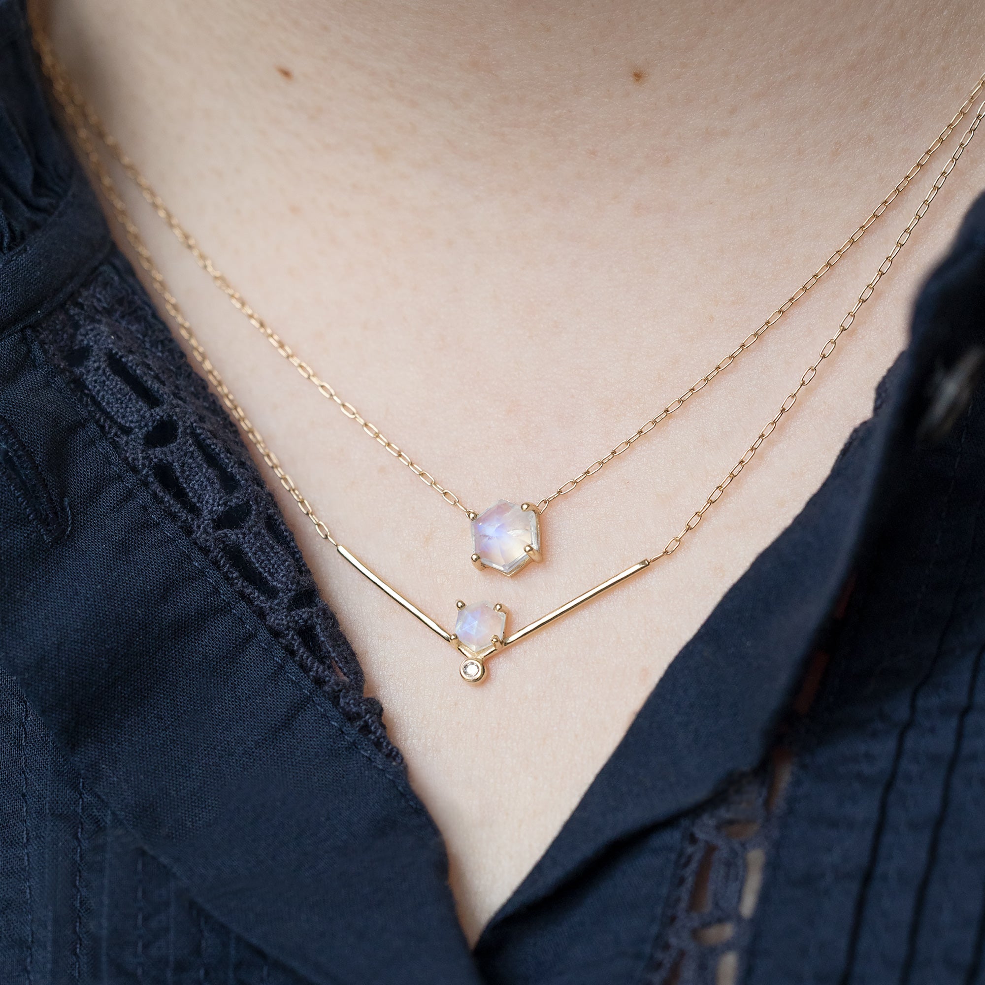 Alexis Russell Necklaces The Hexagon Moonstone + Diamond Necklace | Yellow, Rose or Sterling Silver