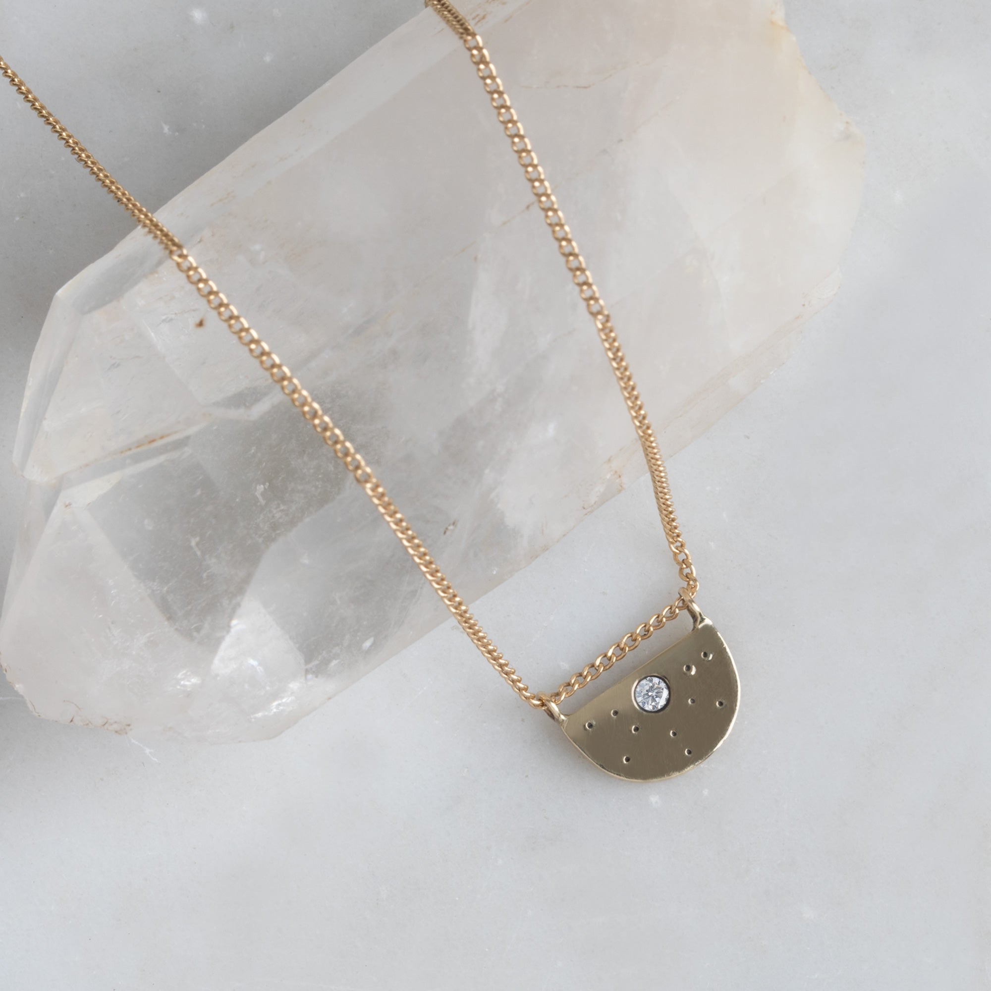Alexis Russell Necklaces The White Diamond Half Moon Stardust Necklace | Yellow Gold