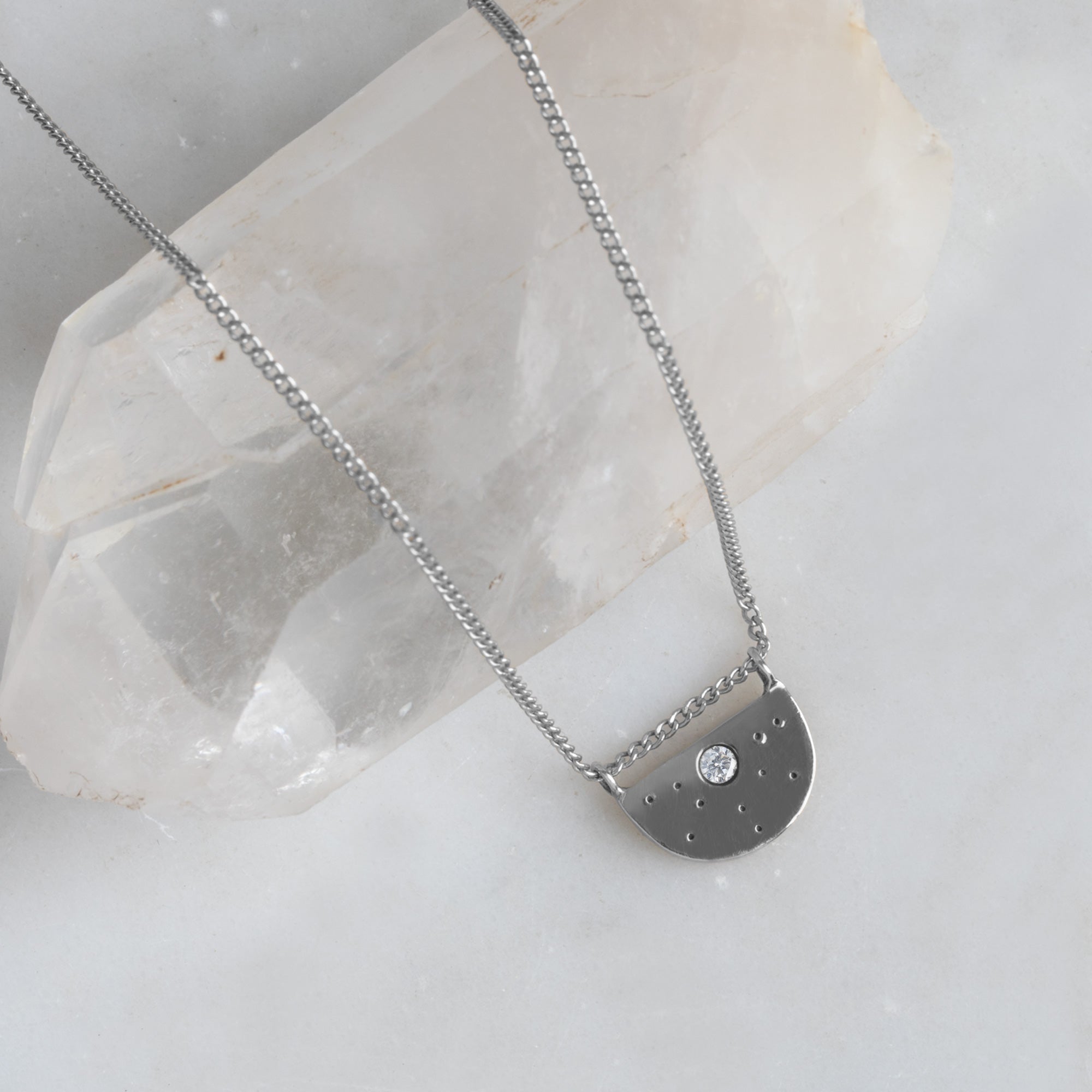 Alexis Russell Necklaces The White Diamond Half Moon Stardust Necklace | Sterling Silver