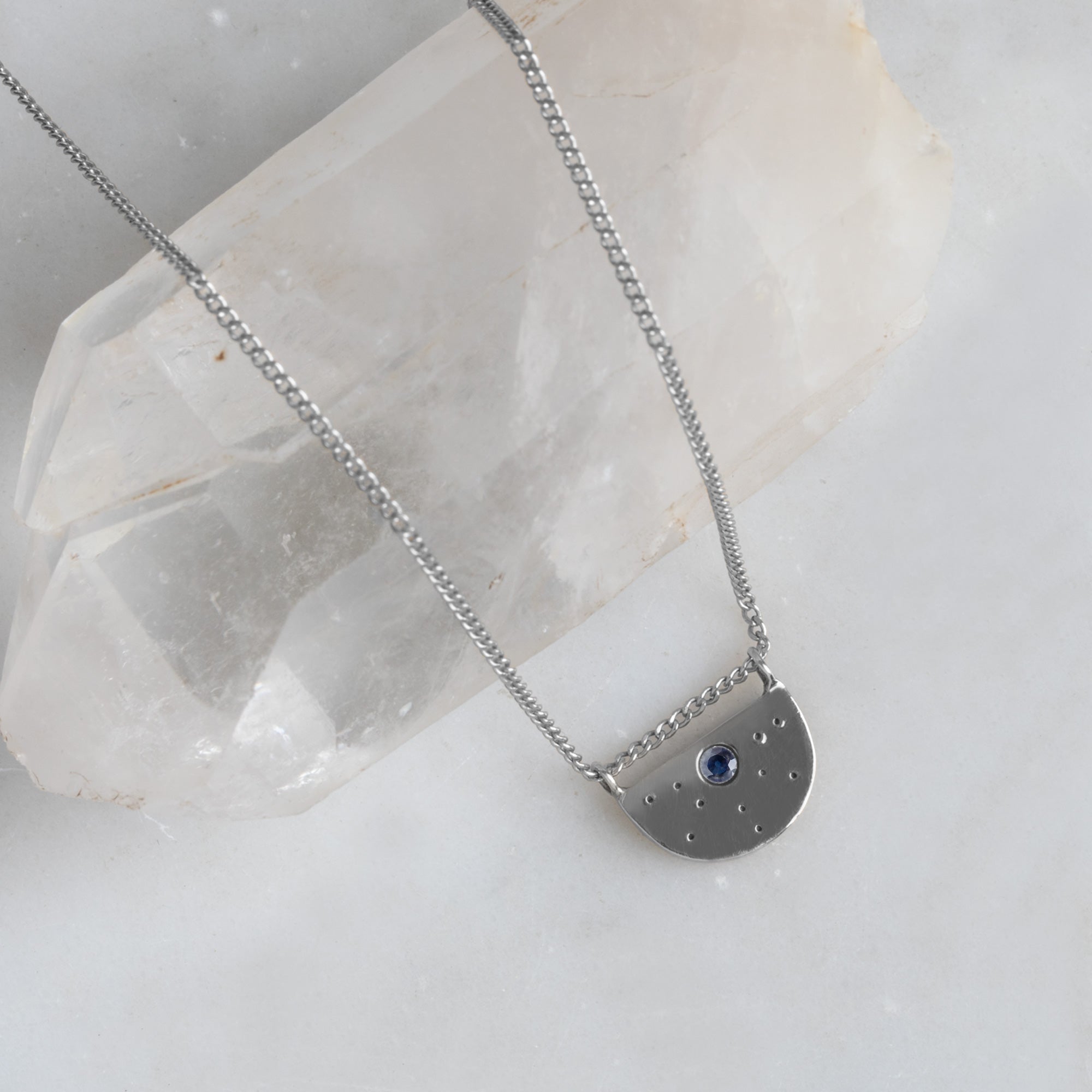Alexis Russell Necklaces The Blue Sapphire Half Moon Stardust Necklace | Sterling Silver