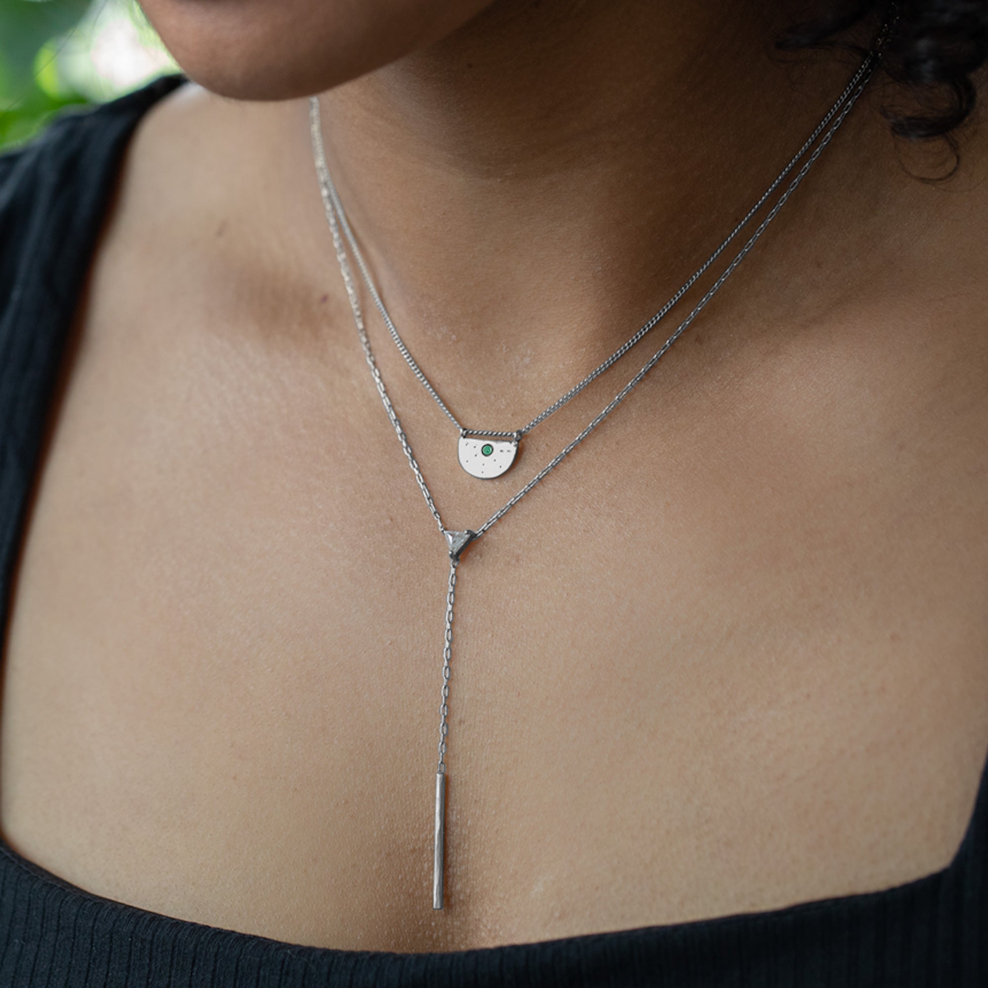 Alexis Russell Necklaces The Emerald Half Moon Stardust Necklace | Yellow, Rose or Sterling Silver