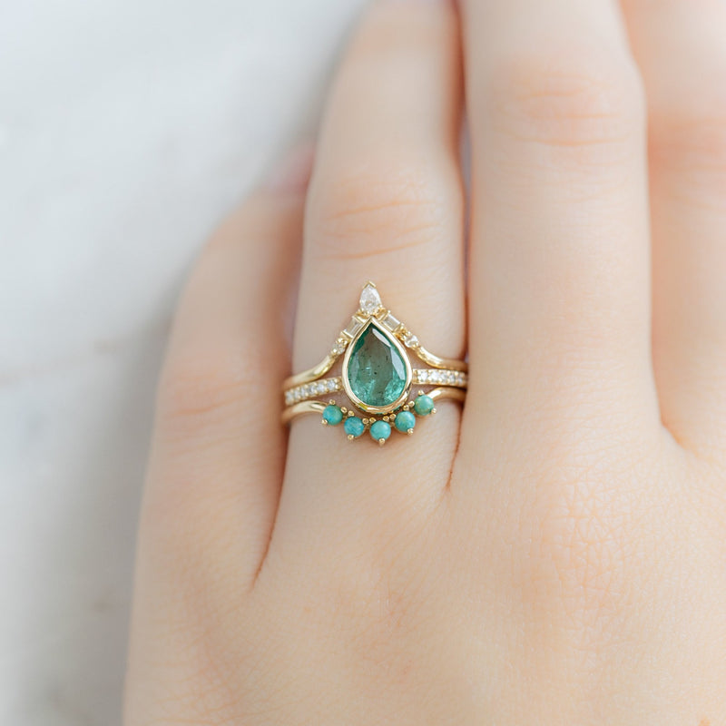 One of a Kind Round Turquoise Sunburst Stacking Band | 5 Stone Setting in 14K or 18K Yellow Gold