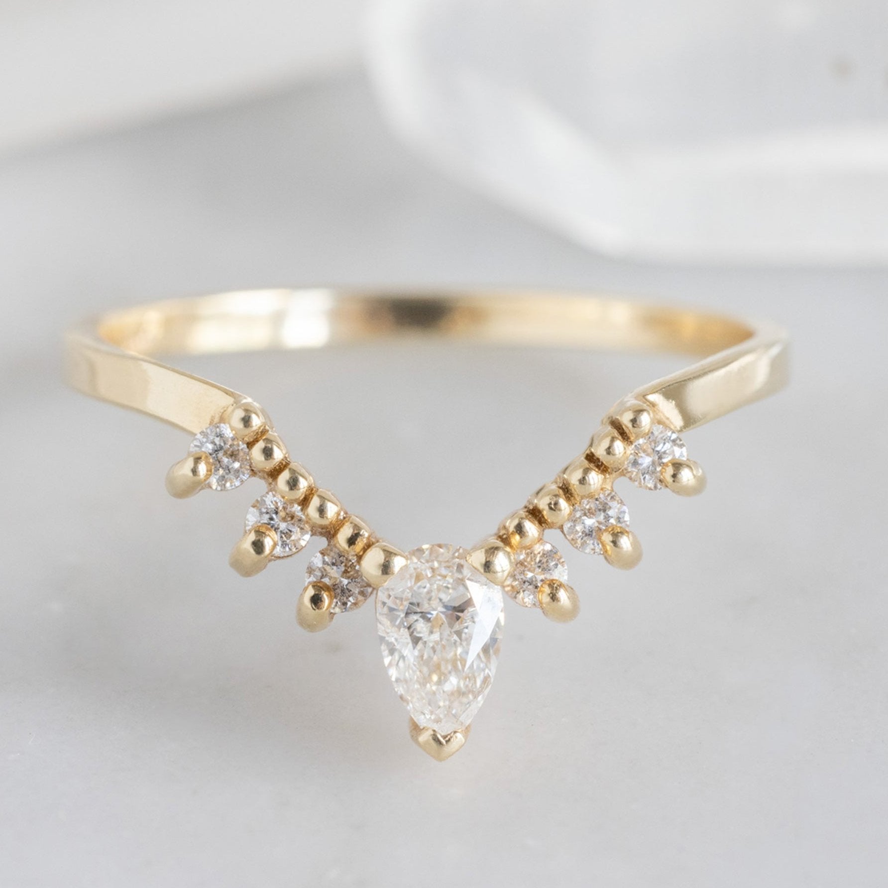 One of a Kind Pear White Diamond Sunburst Stacking Band | 14K Gold