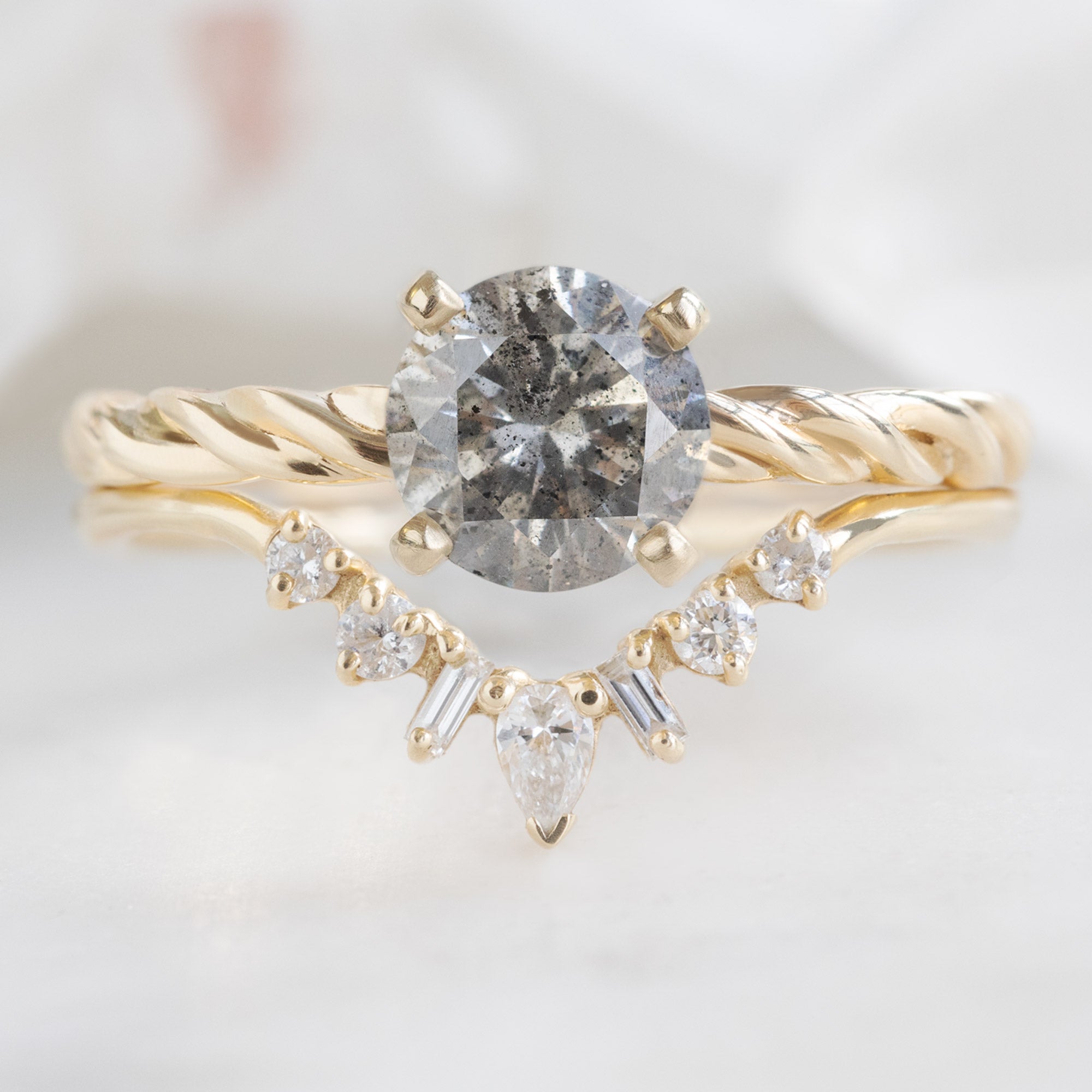 One of a Kind Geometric White Diamond Sunburst Stacking Band | 14K or 18K Yellow Gold