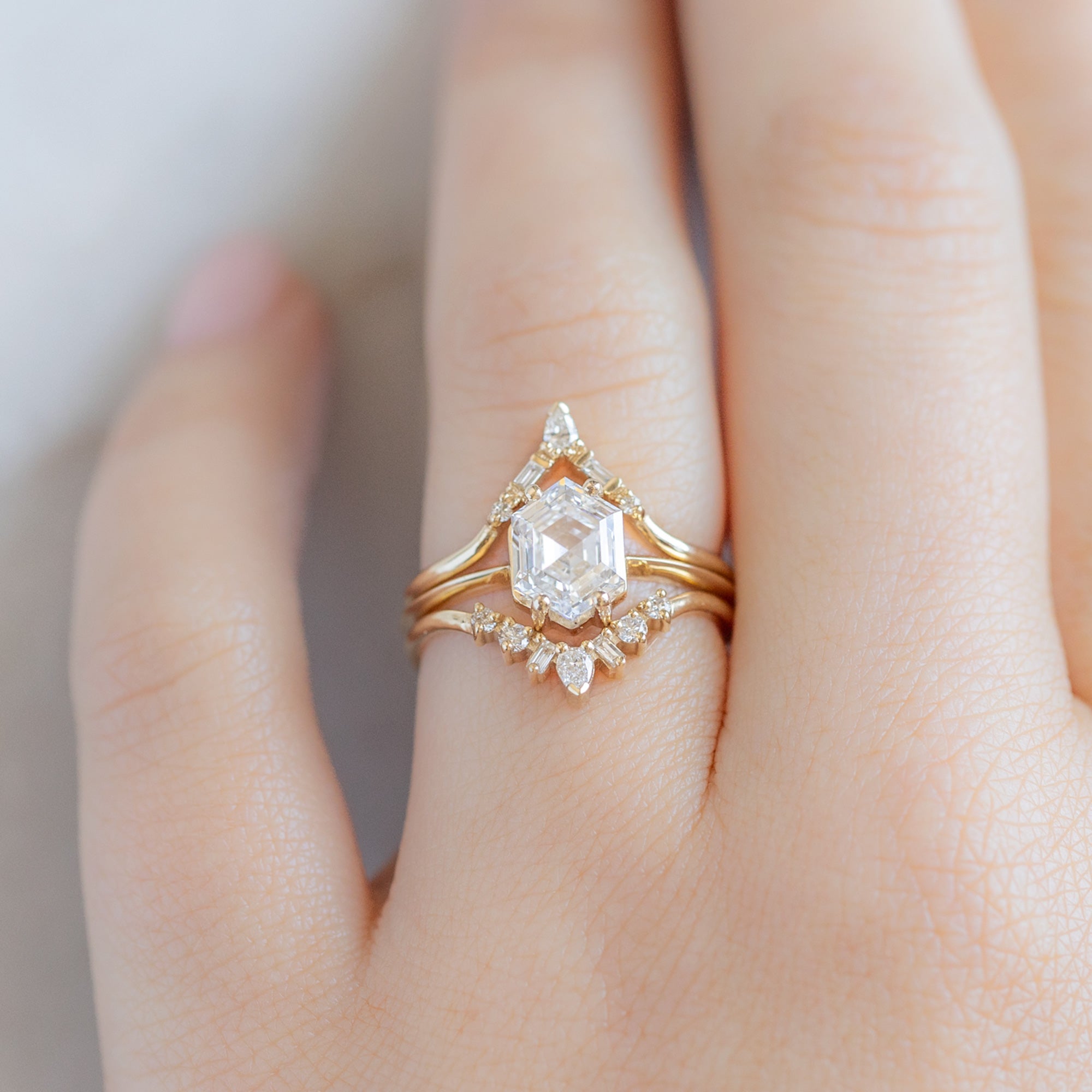 One of a Kind Geometric White Diamond Sunburst Stacking Band | 14K or 18K Yellow Gold