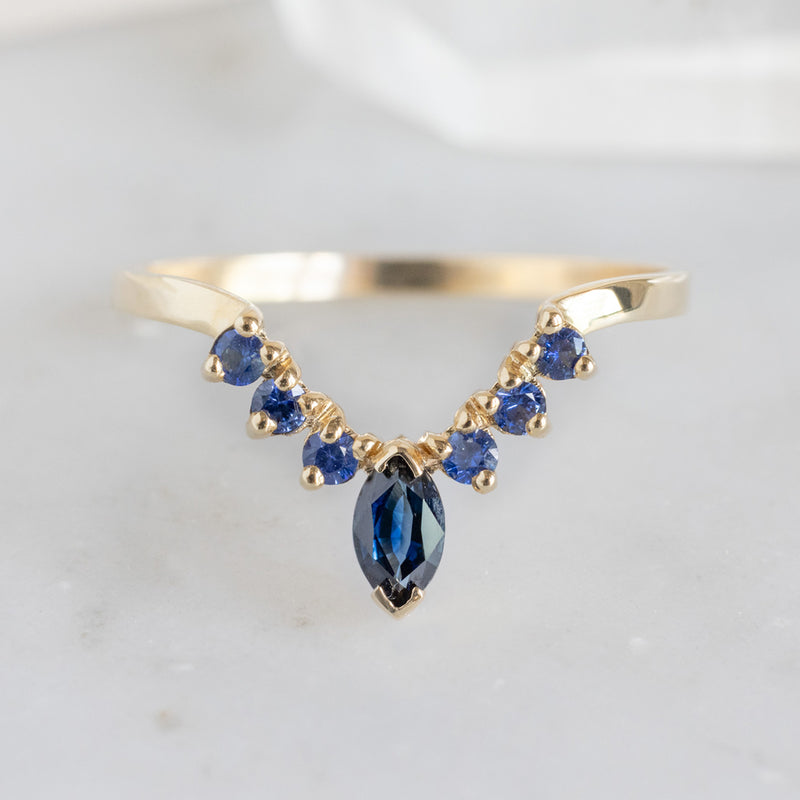 One of a Kind Marquise Blue Sapphire Sunburst Stacking Band | 14K Gold