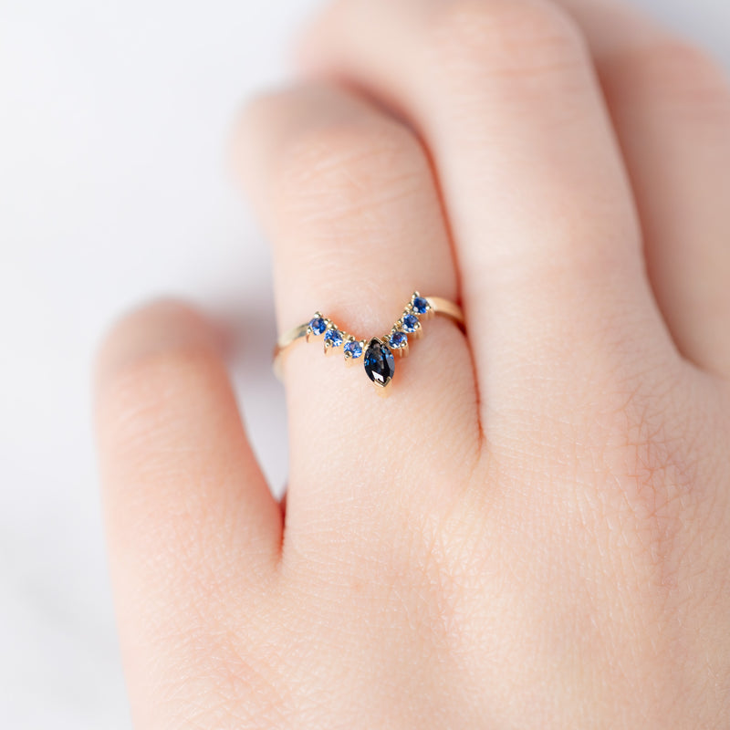 One of a Kind Marquise Blue Sapphire Sunburst Stacking Band | 14K Gold