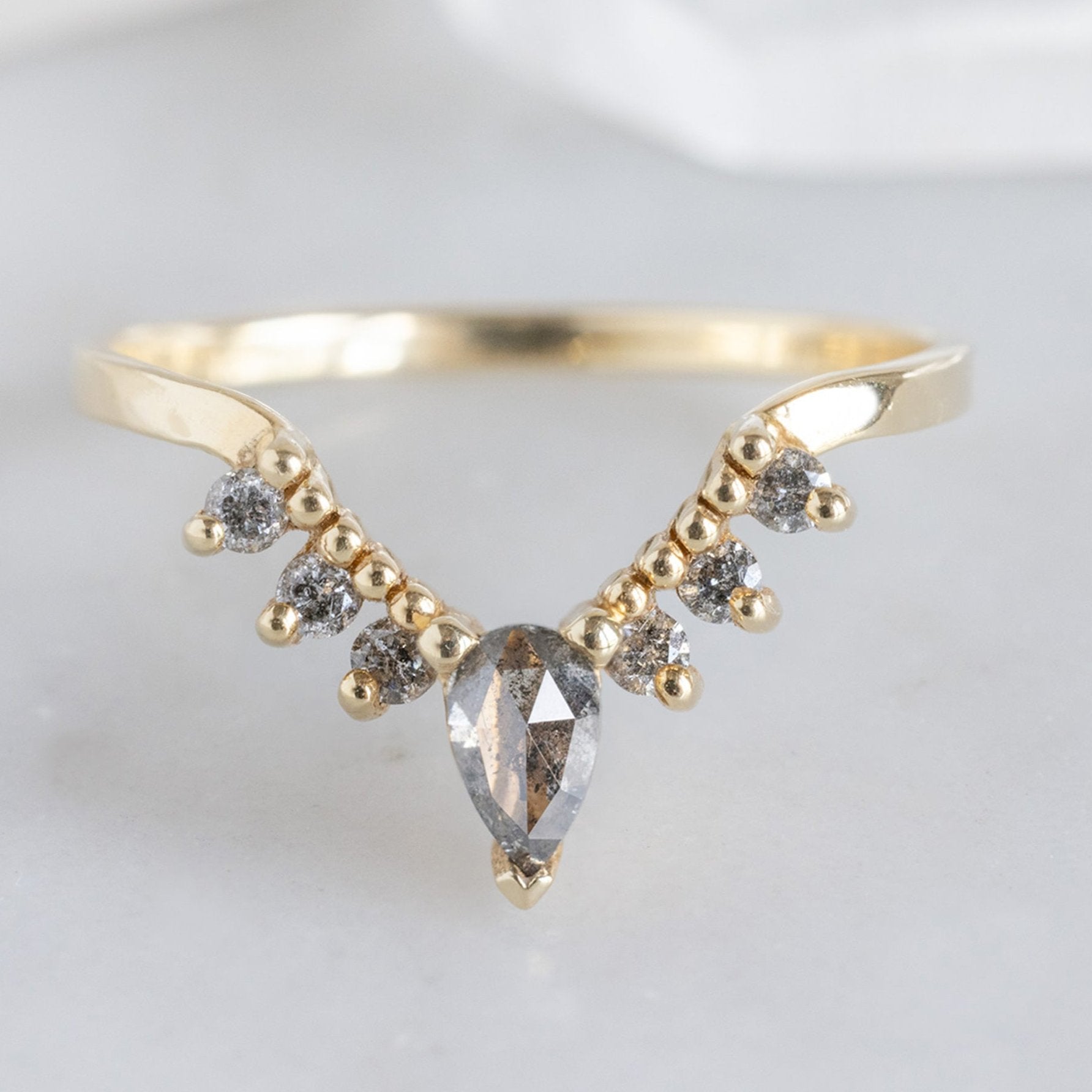 One of a Kind Pear Salt and Pepper Diamond Sunburst Stacking Band | 14K Gold